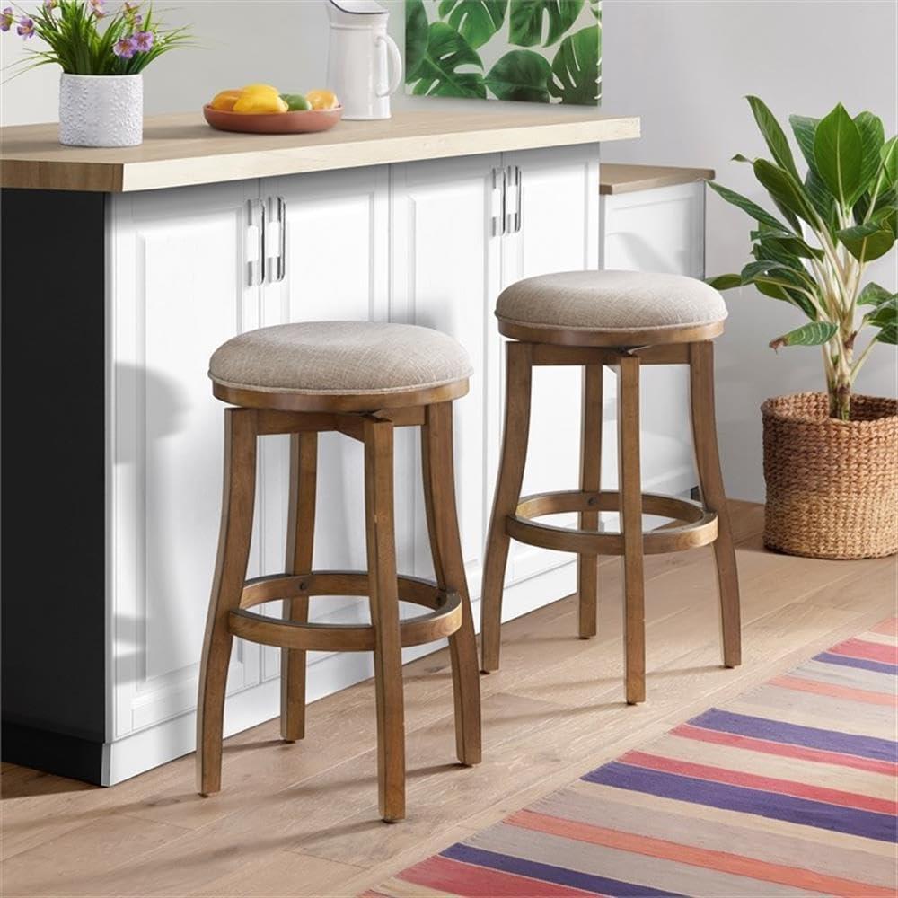 Alaterre Ellie Upholstered Swivel Bar Stool Chairs with Padded Seat and Back, Rubberwood Frame with Metal Kick Plate
