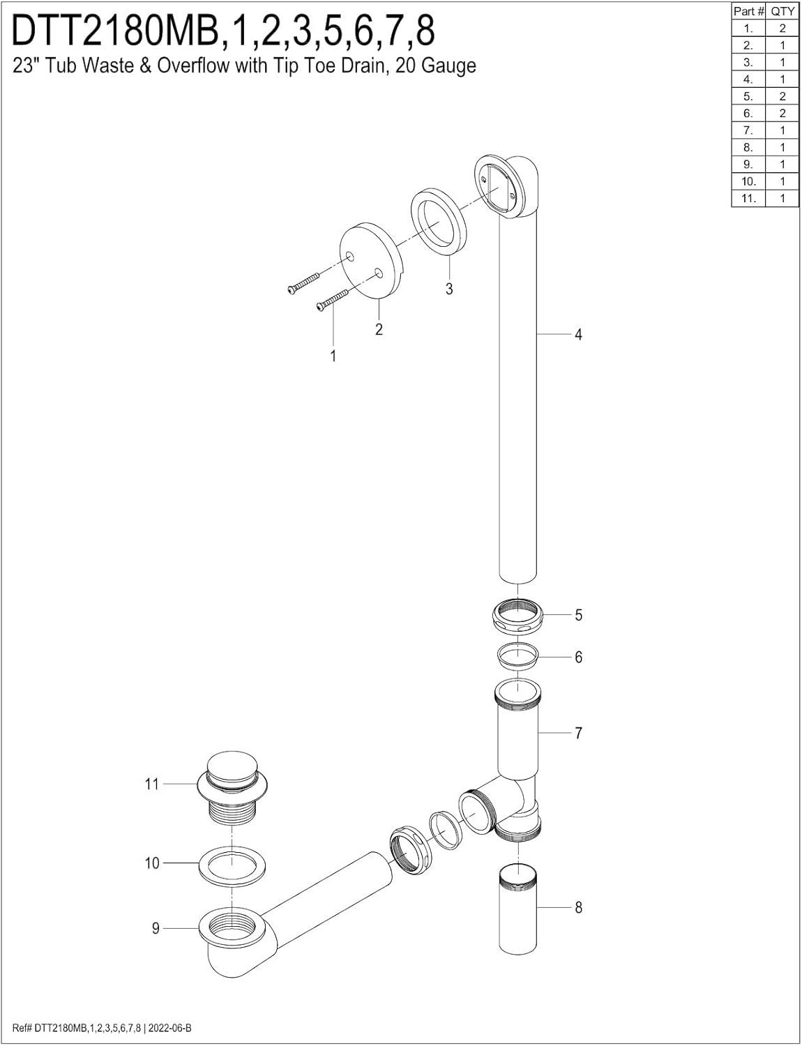 Kingston Brass Made To Match 23-Inch Brass Toe Touch Tub Waste and Overflow