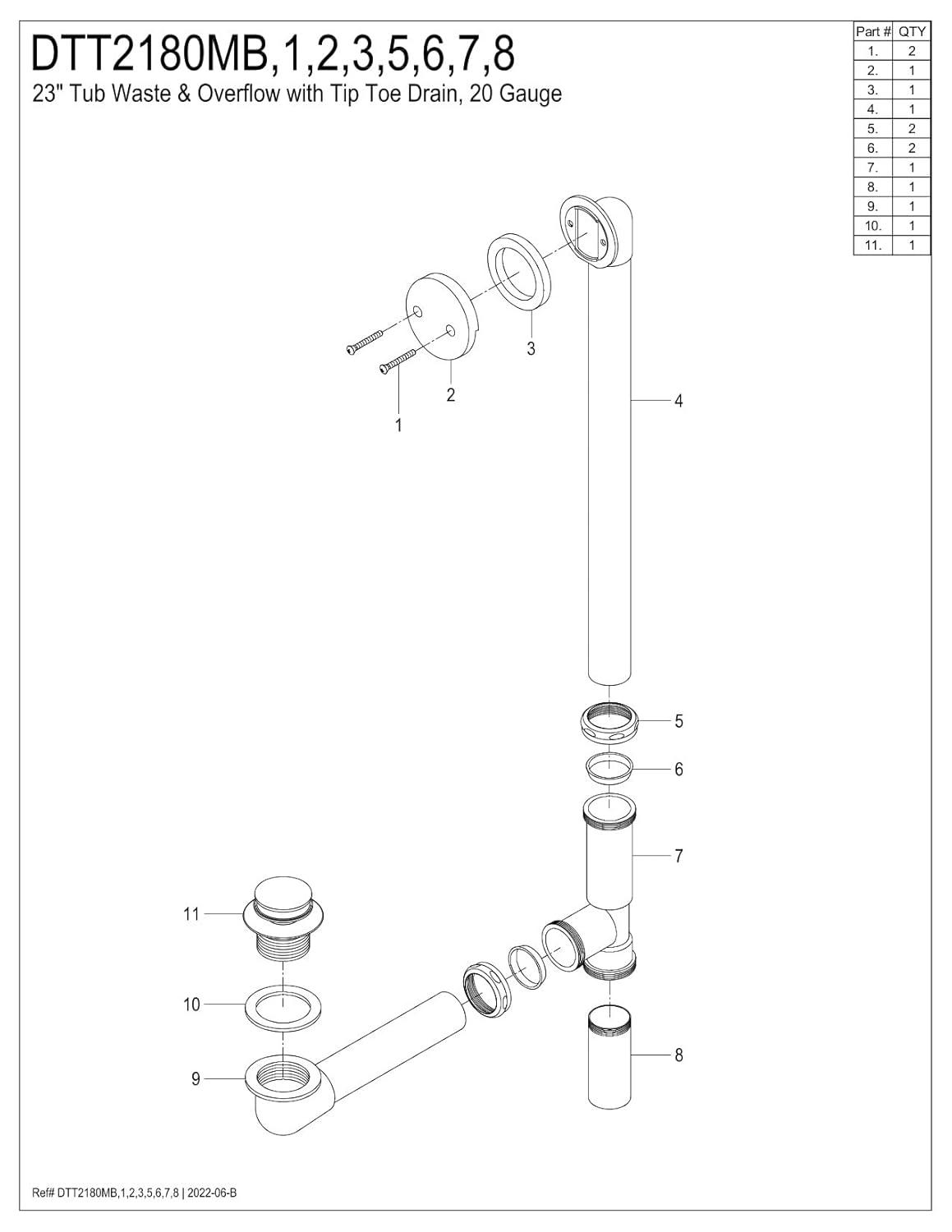 Kingston Brass Made To Match 23-Inch Brass Toe Touch Tub Waste and Overflow