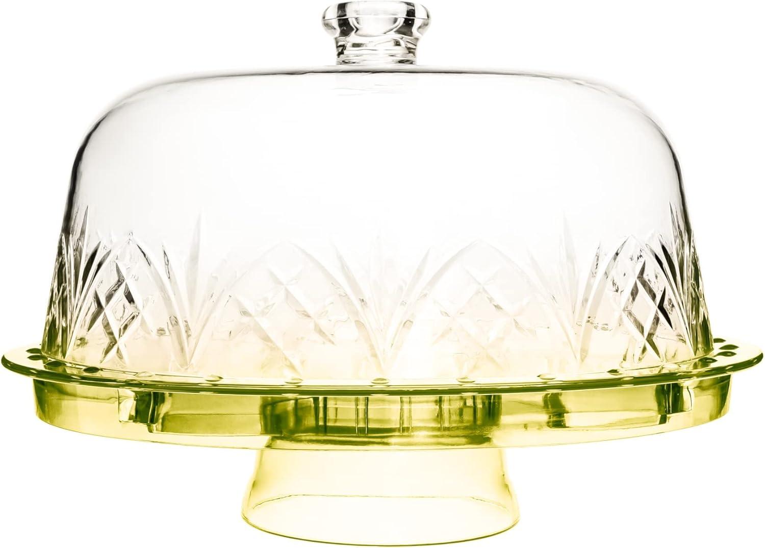 Godinger Cake Stand with Lid, Serving Plate Platter with Dome Cover, 6 in 1 Multi-Purpose Use, Shatterproof and Reusable Acrylic - Dublin Collection, Yellow