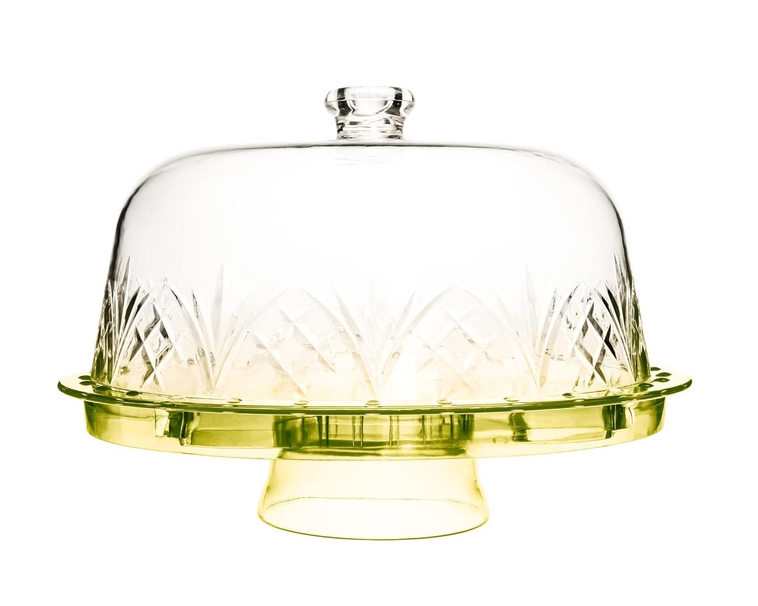 Godinger Cake Stand with Lid, Serving Plate Platter with Dome Cover, 6 in 1 Multi-Purpose Use, Shatterproof and Reusable Acrylic - Dublin Collection, Yellow