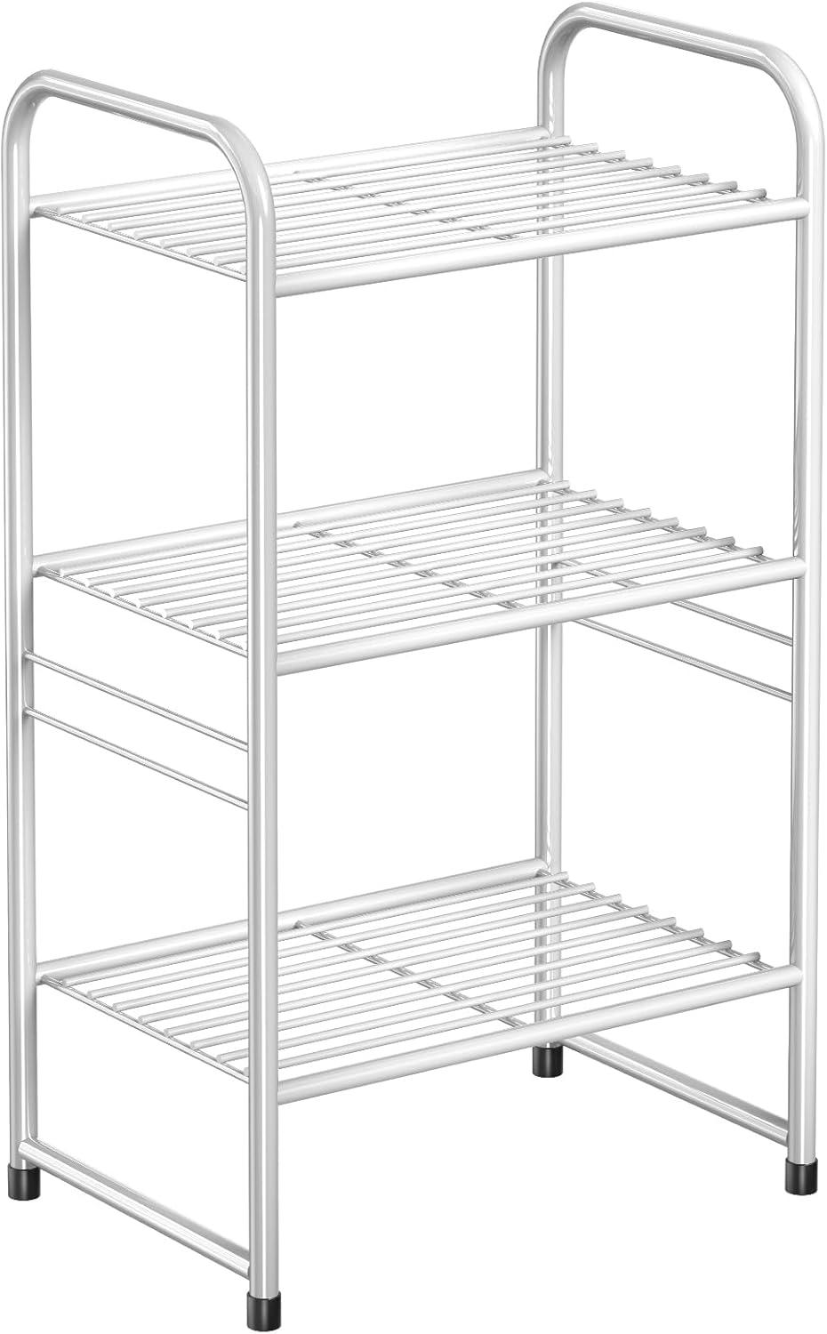 Rebrilliant 3 Tier Wire Shelves For Storage Rack Outdoor Indoor Waterproof, Stackable Metal 17.7-Inch Bathroom Organizer Shelf Stand, Perfect For Kitchen, Black