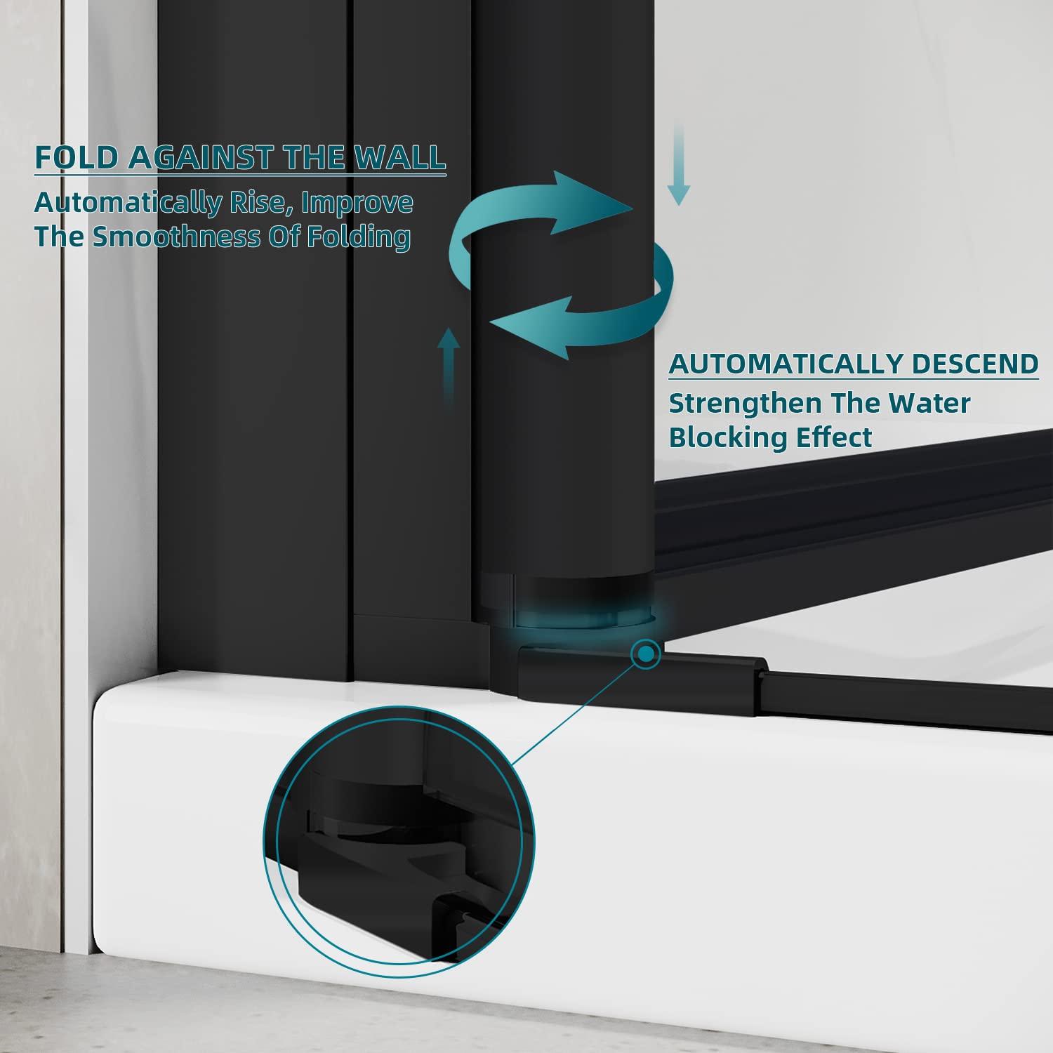 Sunny Shower Bifold Pivot Swing Frameless Shower Door in Black 34 in.W x 72 in.H