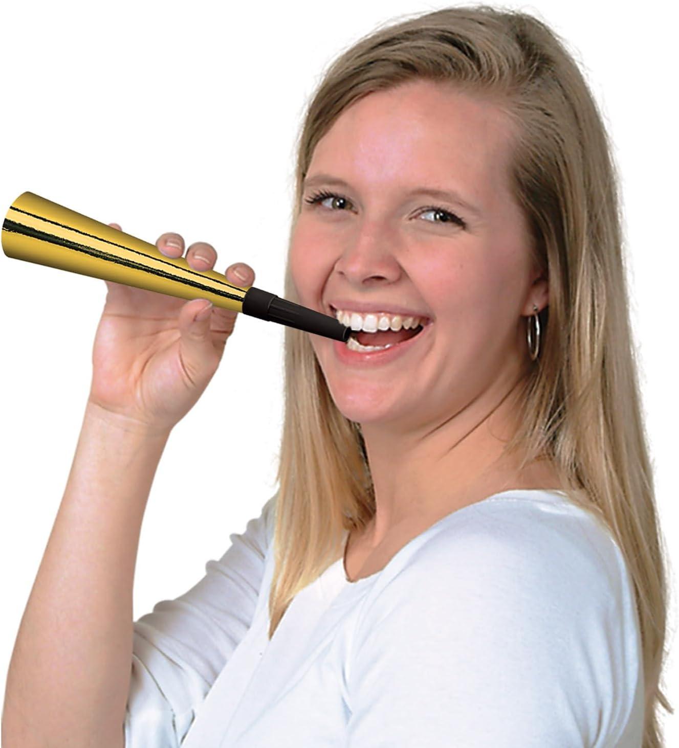 Beistle Sparking Gold Horns, Festive Party Horns, Noisemakers for Celebrations, Birthdays, NYE and Events, Pack of 12