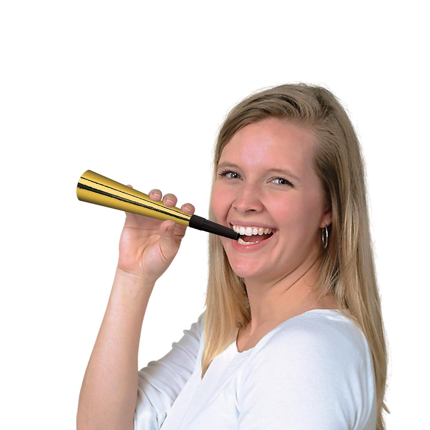 Beistle Sparking Gold Horns, Festive Party Horns, Noisemakers for Celebrations, Birthdays, NYE and Events, Pack of 12