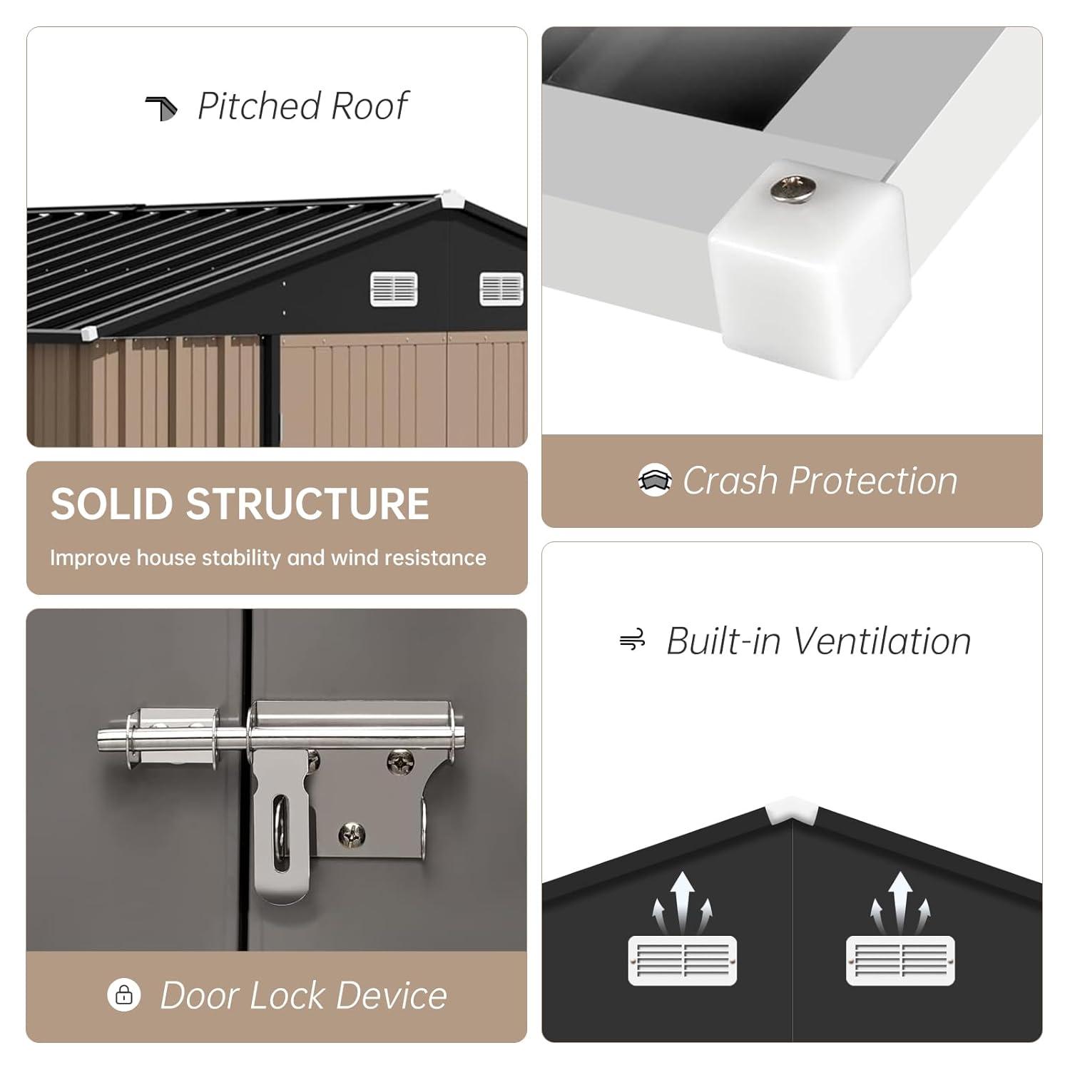 12x10 FT Outdoor Metal Storage Shed Garden Tool House With Lockable Doors and Vent Brown