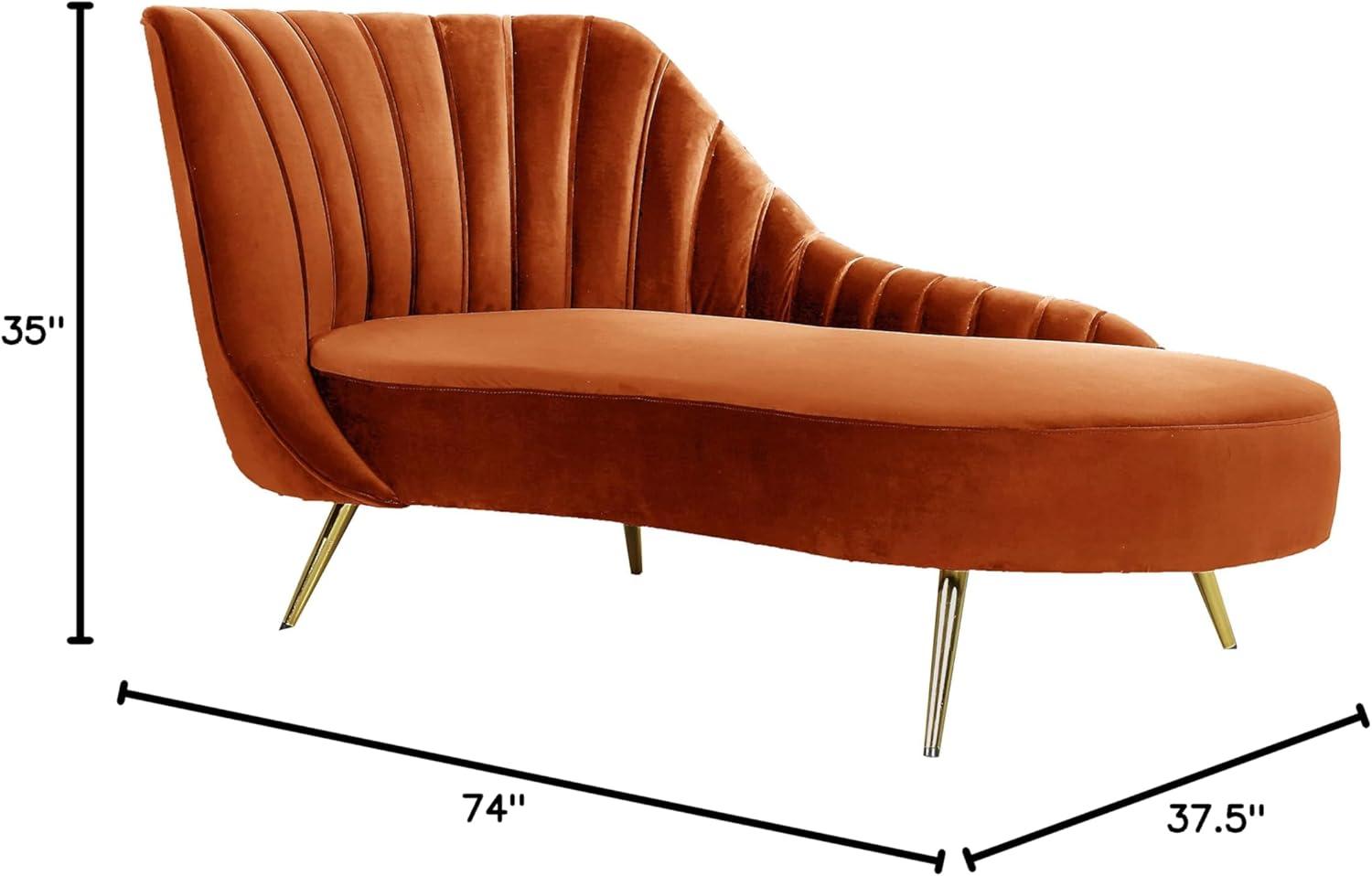 Meridian Furniture Margo Collection Modern | Contemporary Velvet Upholstered Chaise with Deep Channel Tufting and Rich Gold Stainless Steel Legs, Cognac, 74" W x 37.5" D x 35" H