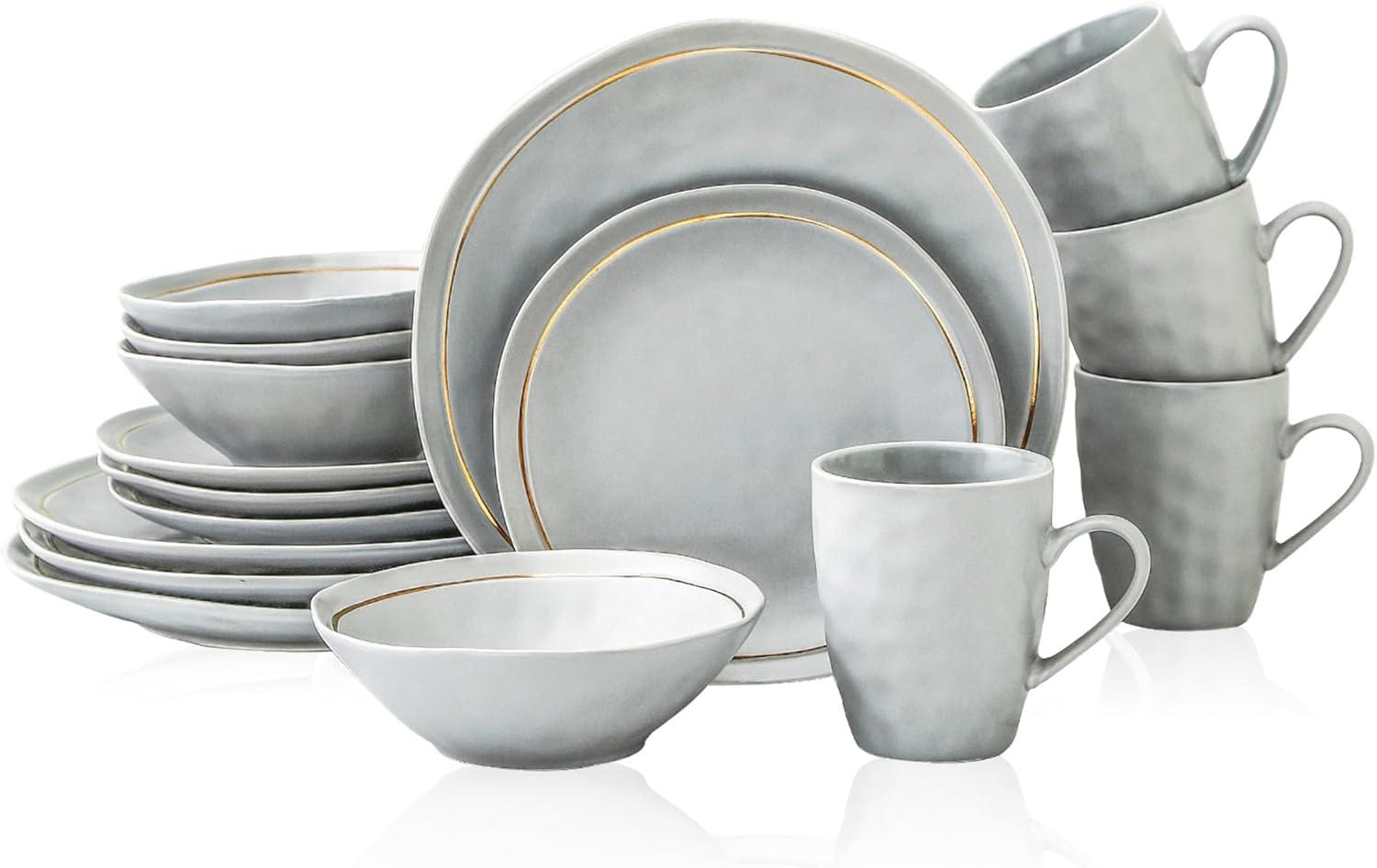 Gray Porcelain 32-Piece Dinnerware Set with Gold Detailing