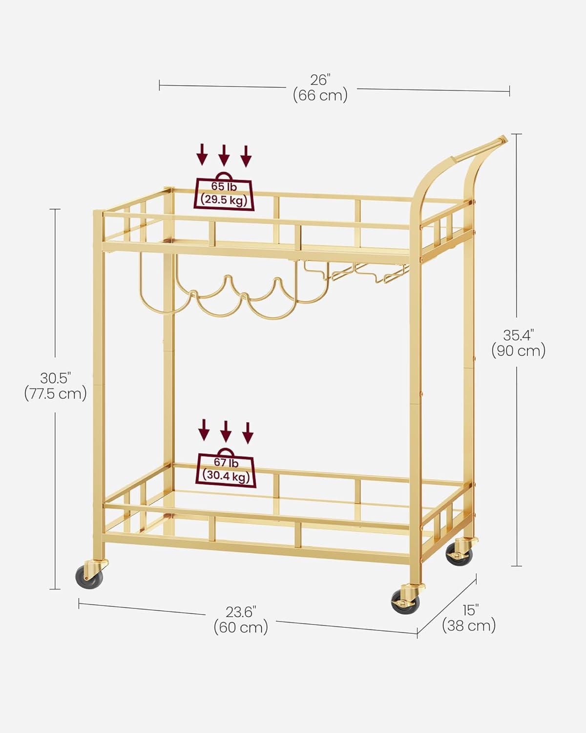 Gold Bar Cart with Mirrored Shelves and Storage