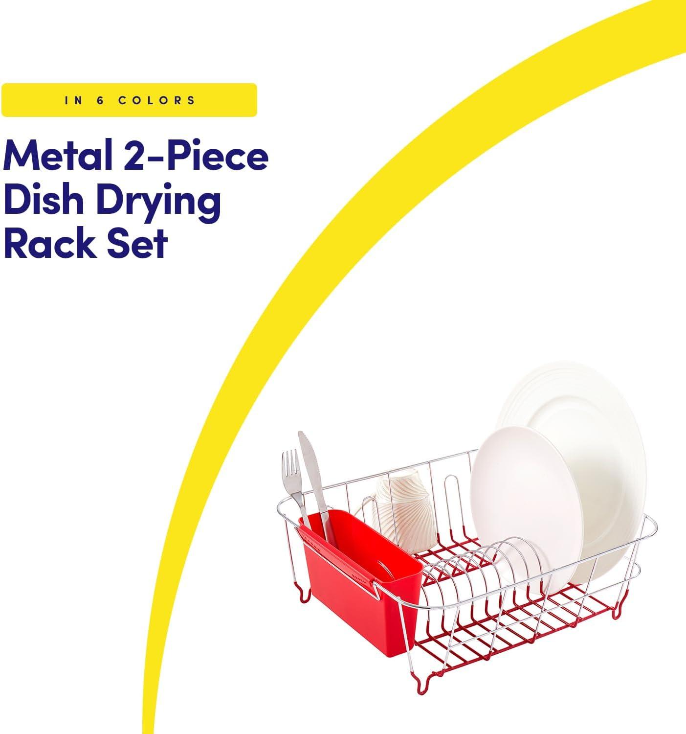 Sweet Home Collection Metal 2 Piece Dish Drying Rack Set Drainer with Utensil Holder Simple Easy to Use Fits in Most Sinks, 14.5" x 13" x 5.25", Red