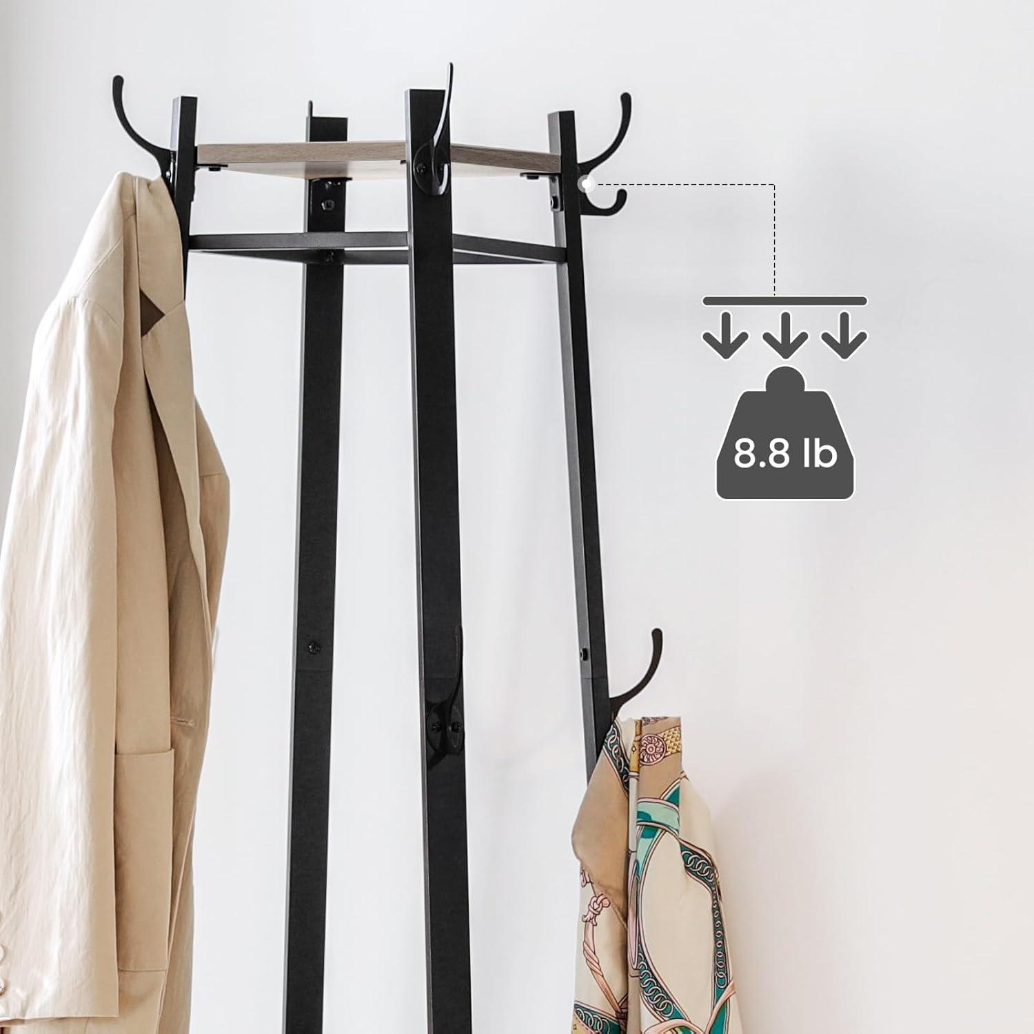 VASAGLE ALINRU Coat Rack with 3 Shelves Stand with Hooks for Scarves Bags and Umbrellas