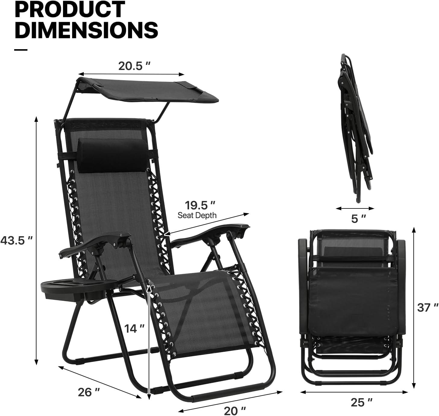 MoNiBloom Zero Gravity Chairs Set of 2, Folding Outdoor Patio Beach Recliner with Canopy Shade & Headrest, Black