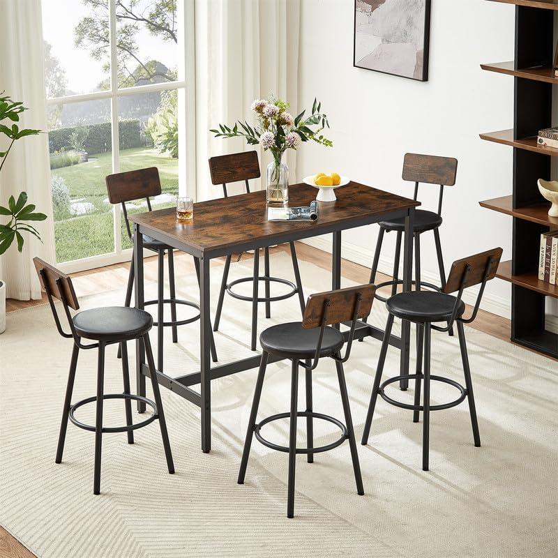 Rustic Brown Industrial Pub Table Set with 6 Bar Chairs