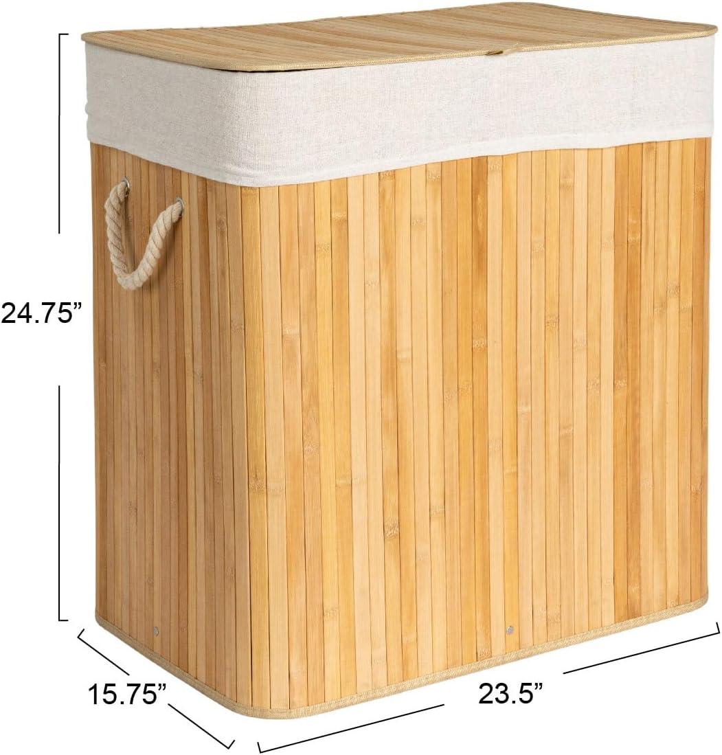 Natural Bamboo Double Laundry Hamper with Rope Handles and Lid