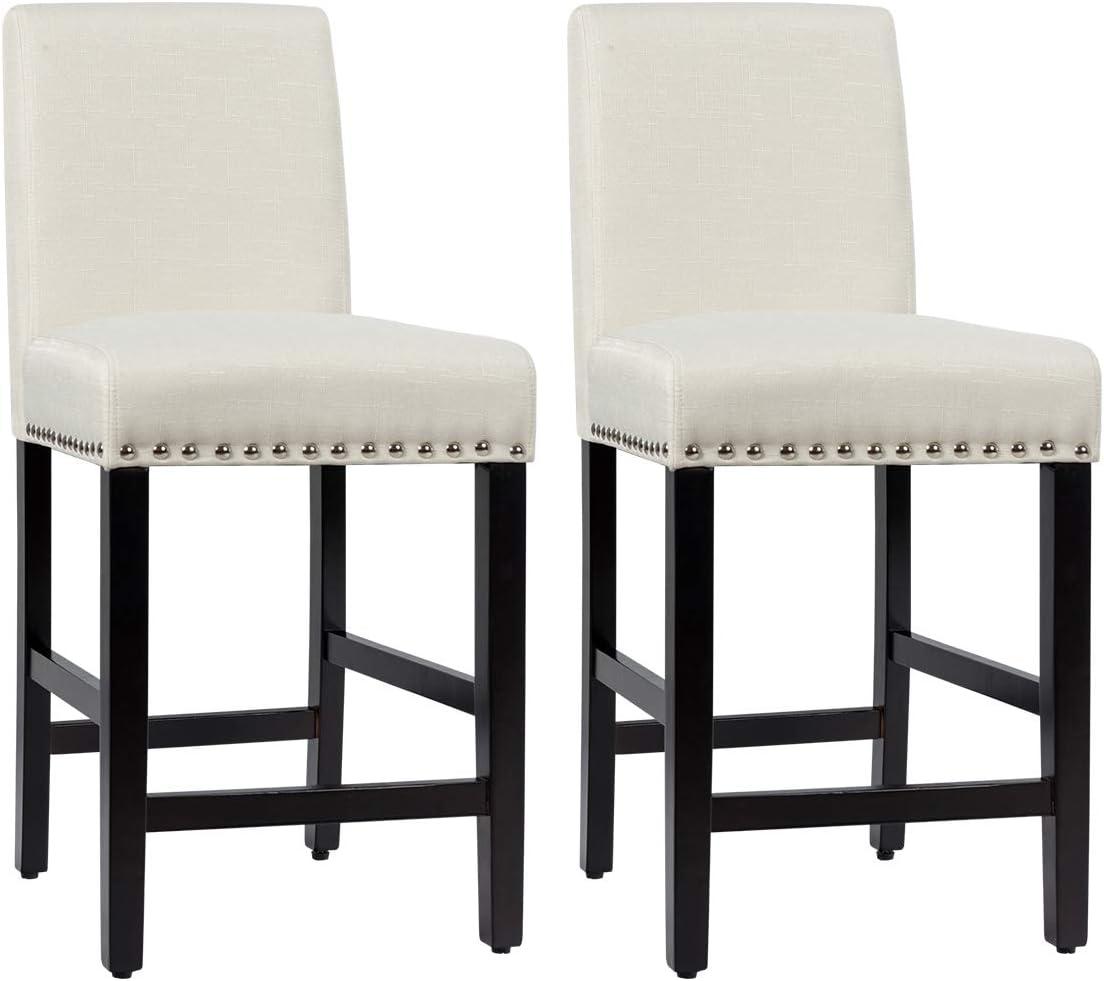 Costway Set of 2 Fabric Barstools Nail Head Trim Counter Height Dining Side Chairs Grey/Beige