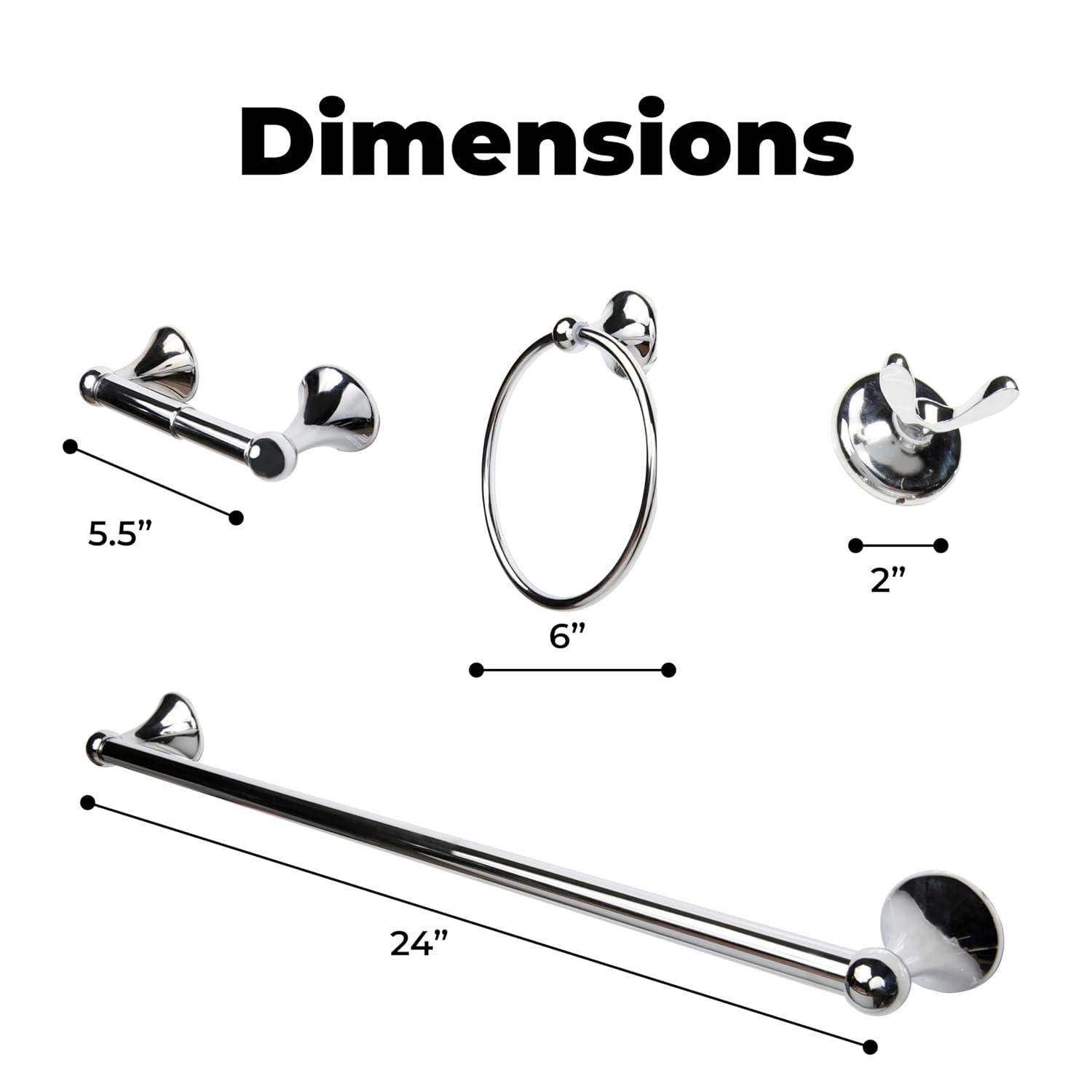 4-Piece Bathroom Hardware Accessory Set With 24" Towel Bar (Chrome Finish)