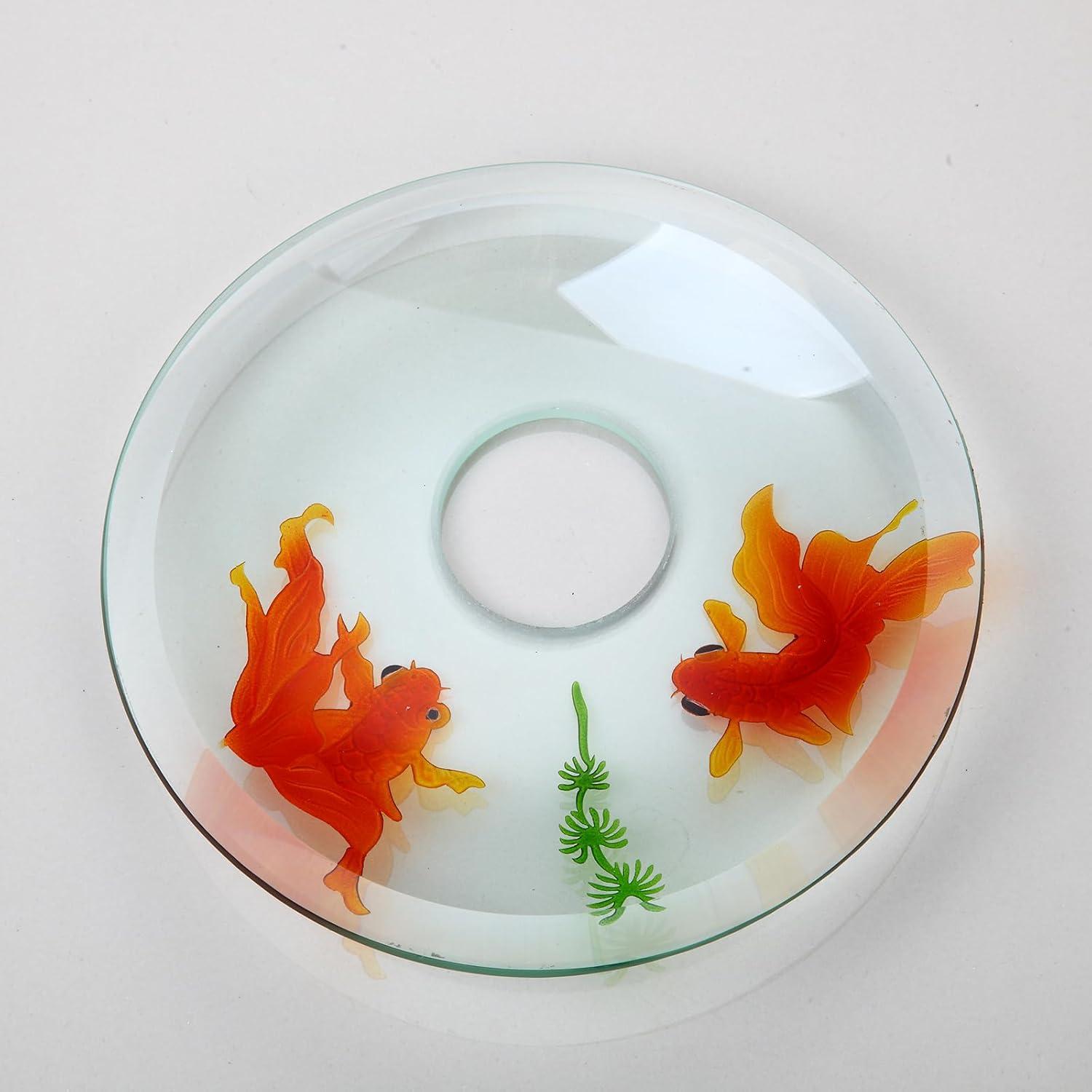 Clear Bathroom Sink Hand Painting Gold Fish Tempered Glass Vessel Sink Basin with Waterfall Faucet and Drain Combo,16"Round Glass Bowl Sink Above Counter Clear Bathroom Vessel Sink Set