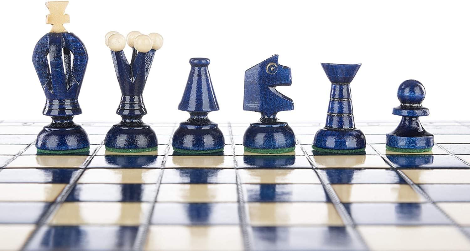 Handcrafted Blue and Beige Wooden Folding Chess Set