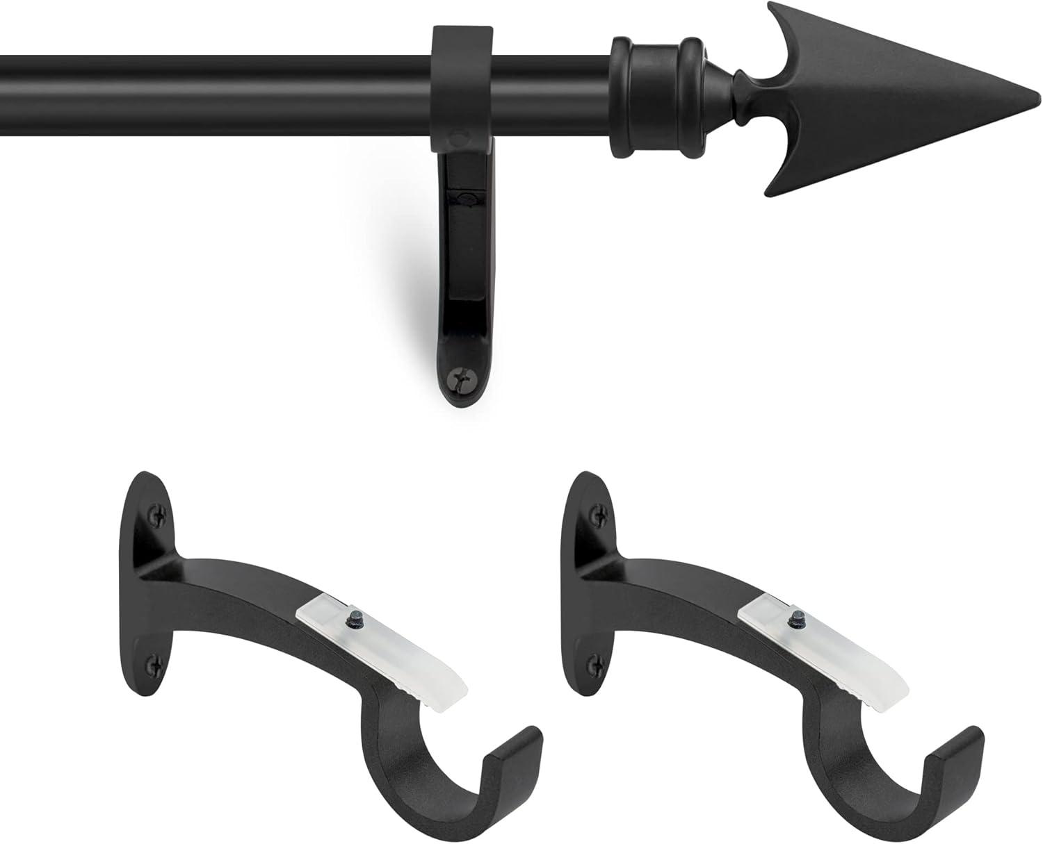 Deco Essential 36 to 66 Inches Adjustable Curtain Rod for Windows with Flat Arrow Finials & Bracket Set (3/4'' Diameter,Black)