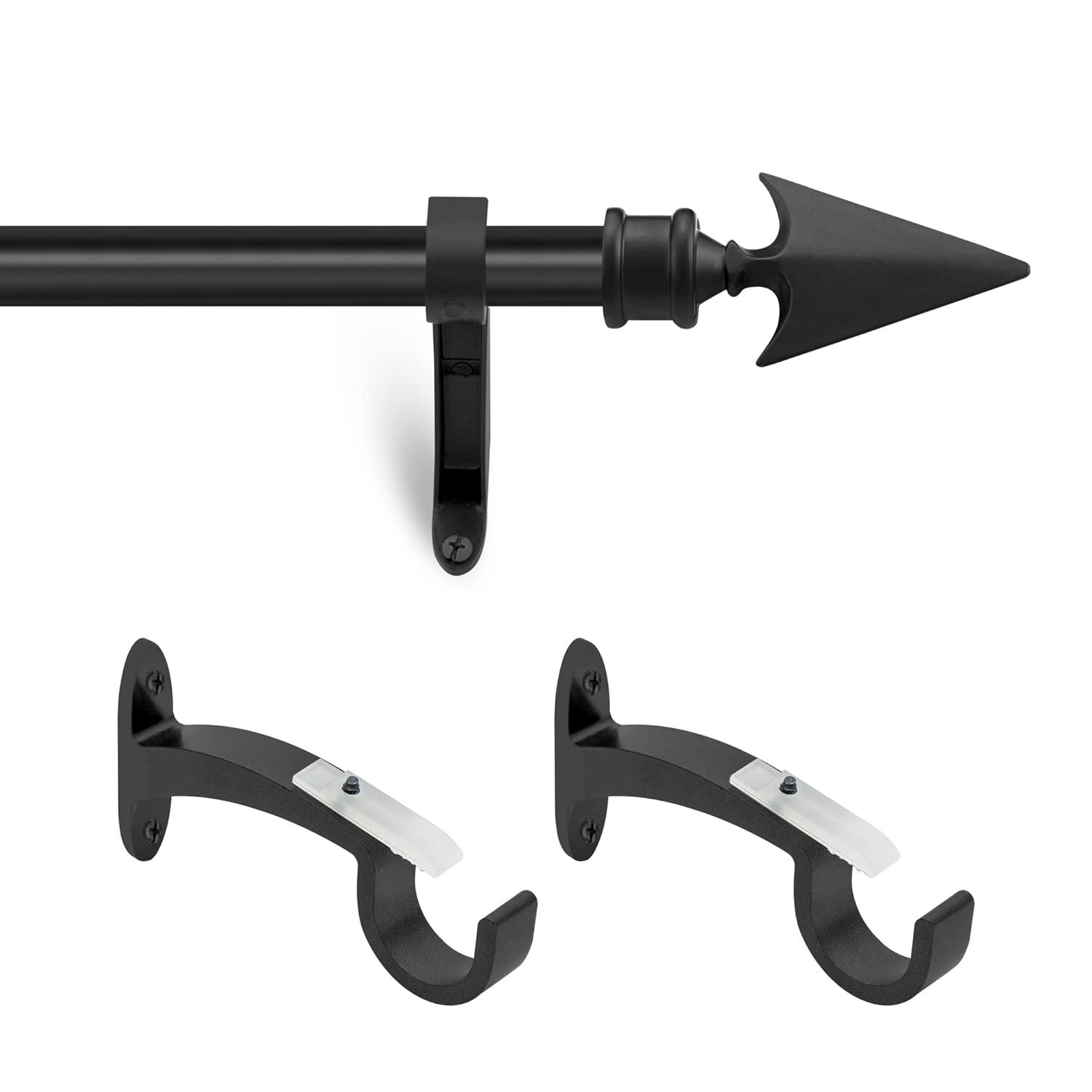 Deco Essential 36 to 66 Inches Adjustable Curtain Rod for Windows with Flat Arrow Finials & Bracket Set (3/4'' Diameter,Black)
