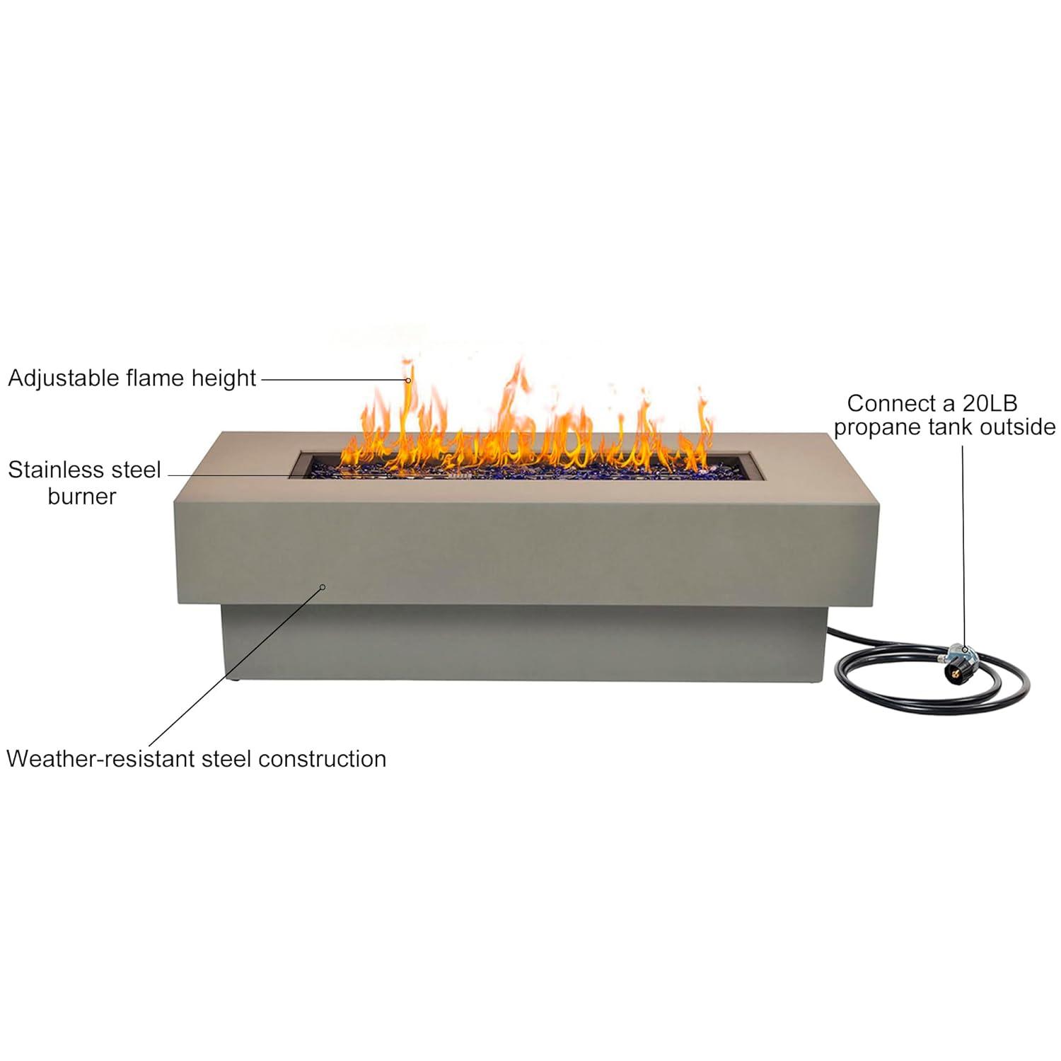 BAIDE HOME 32.5" Square Steel Low Profile Gas Fire Pit Table, 50,000 BTU Outdoor Propane Fire Pit with Lid, Glass Rocks, Cover, Pre-attached 10ft Propane Hose