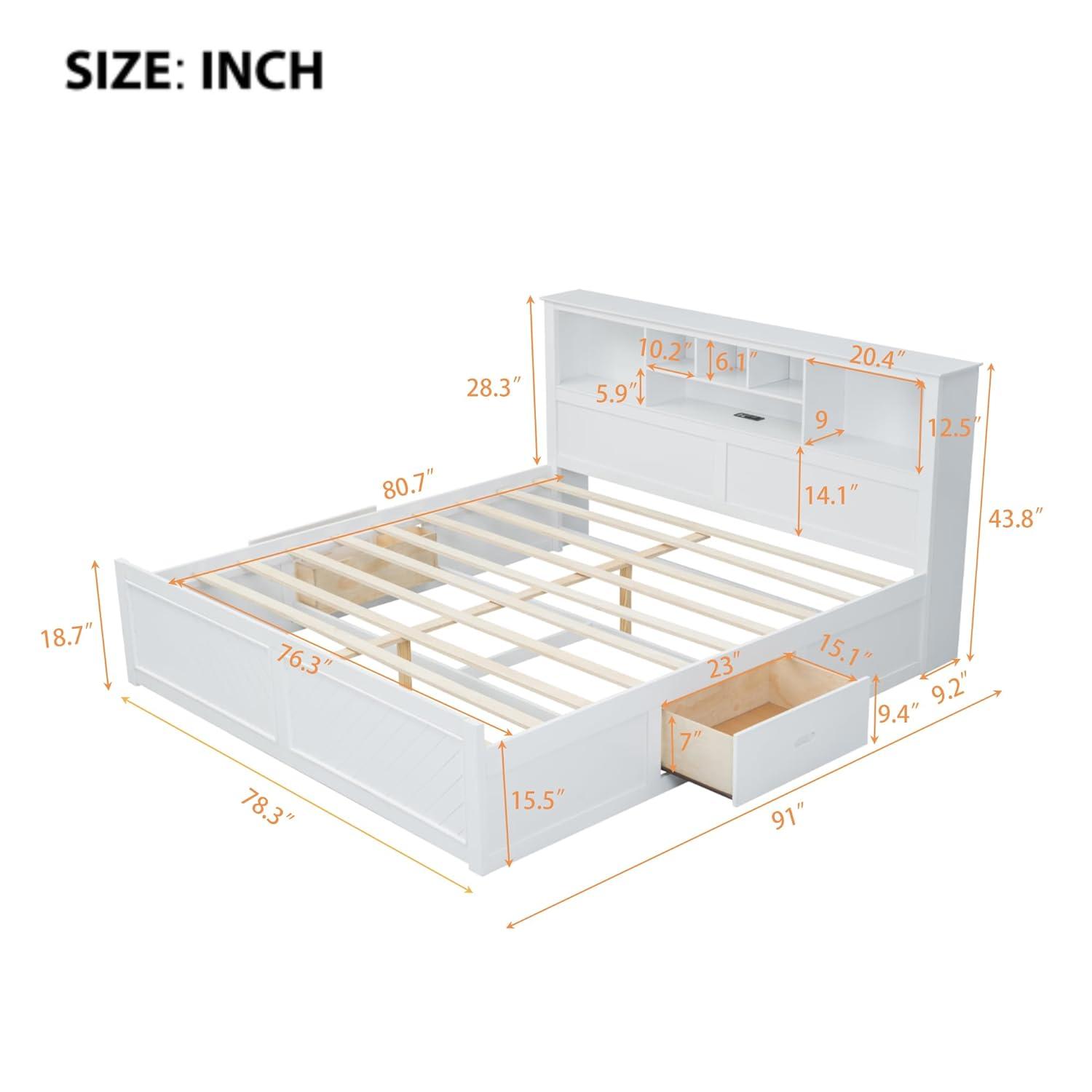 Harper & Bright Designs King Size Platform Bed with Bookcase Headboard and Storage Drawers, Wood King Storage Bed Frame with USB for Boys Girls Adults, White
