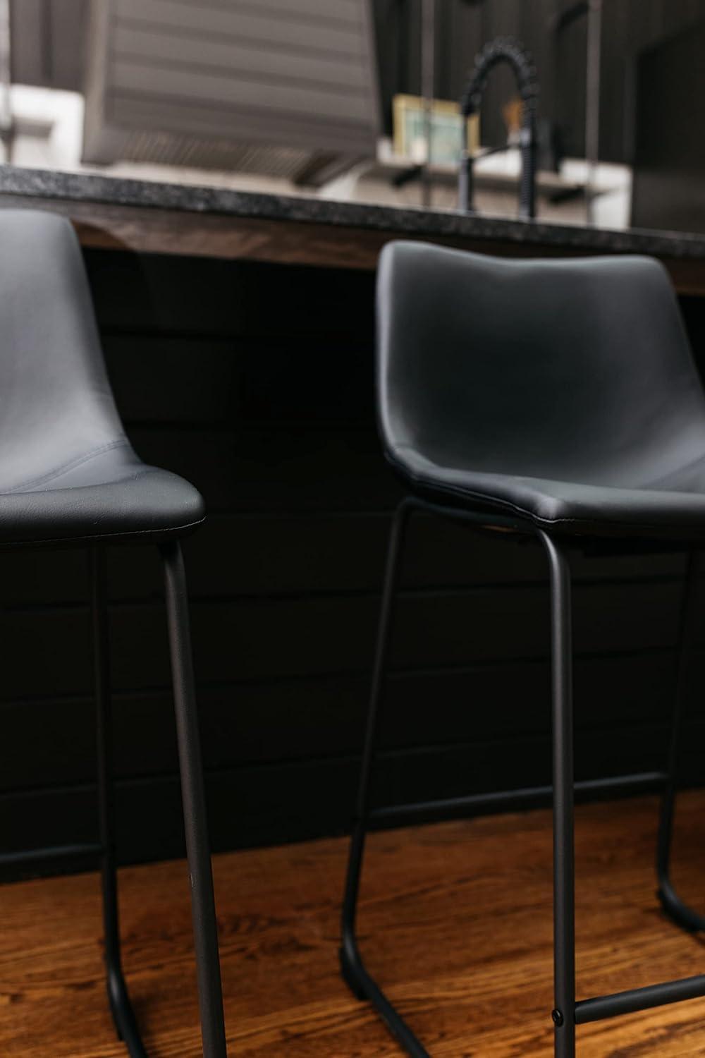 Transitional Black Leather Counter Stool with Metal Base