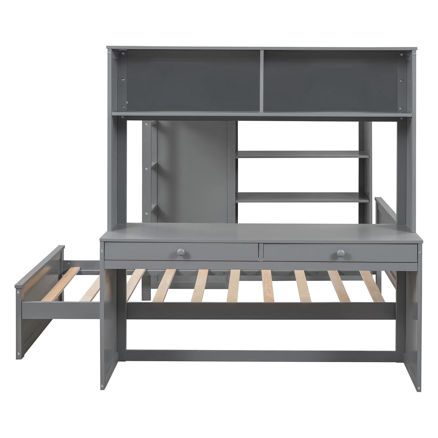 Full Over Twin Bunk Bed with Desk, Wardrobe and Storage Shelves, Loft Bed with A Stand-Alone Bed, Wooden Loft Bed Frame with Safety Guardrails & Slats Support, Bottom Bed Can Be Moved, Gray