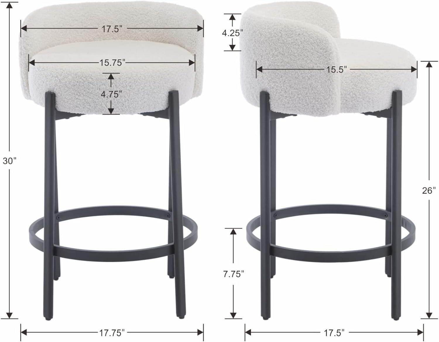 Modern Bar stools Set of 2, 26 Inch Sherpa Fabric Counter Height Barstools with Low Back, Upholstered Round Shape Kitchen Island Stools with Black Metal Legs for Dining Room Bar, White