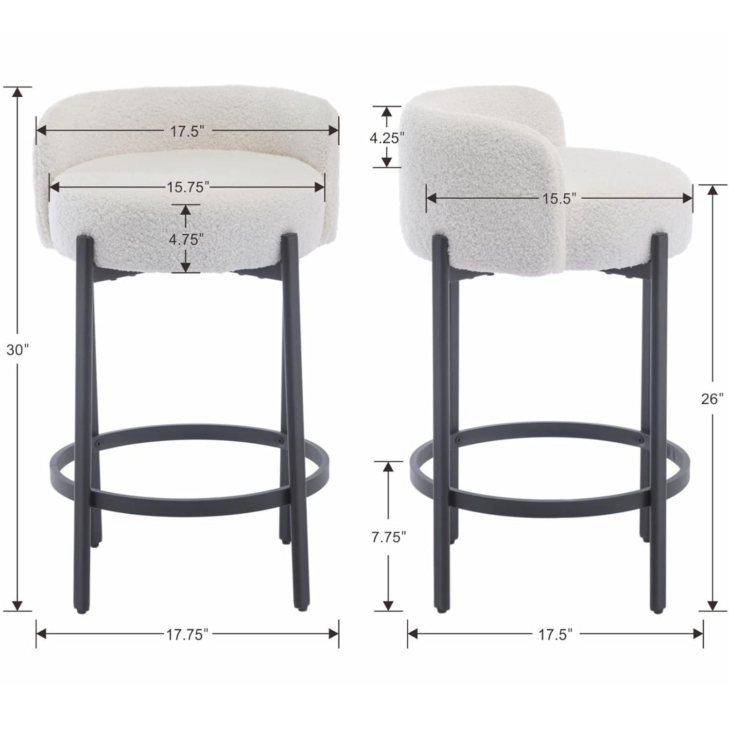 Modern Bar stools Set of 2, 26 Inch Sherpa Fabric Counter Height Barstools with Low Back, Upholstered Round Shape Kitchen Island Stools with Black Metal Legs for Dining Room Bar, White
