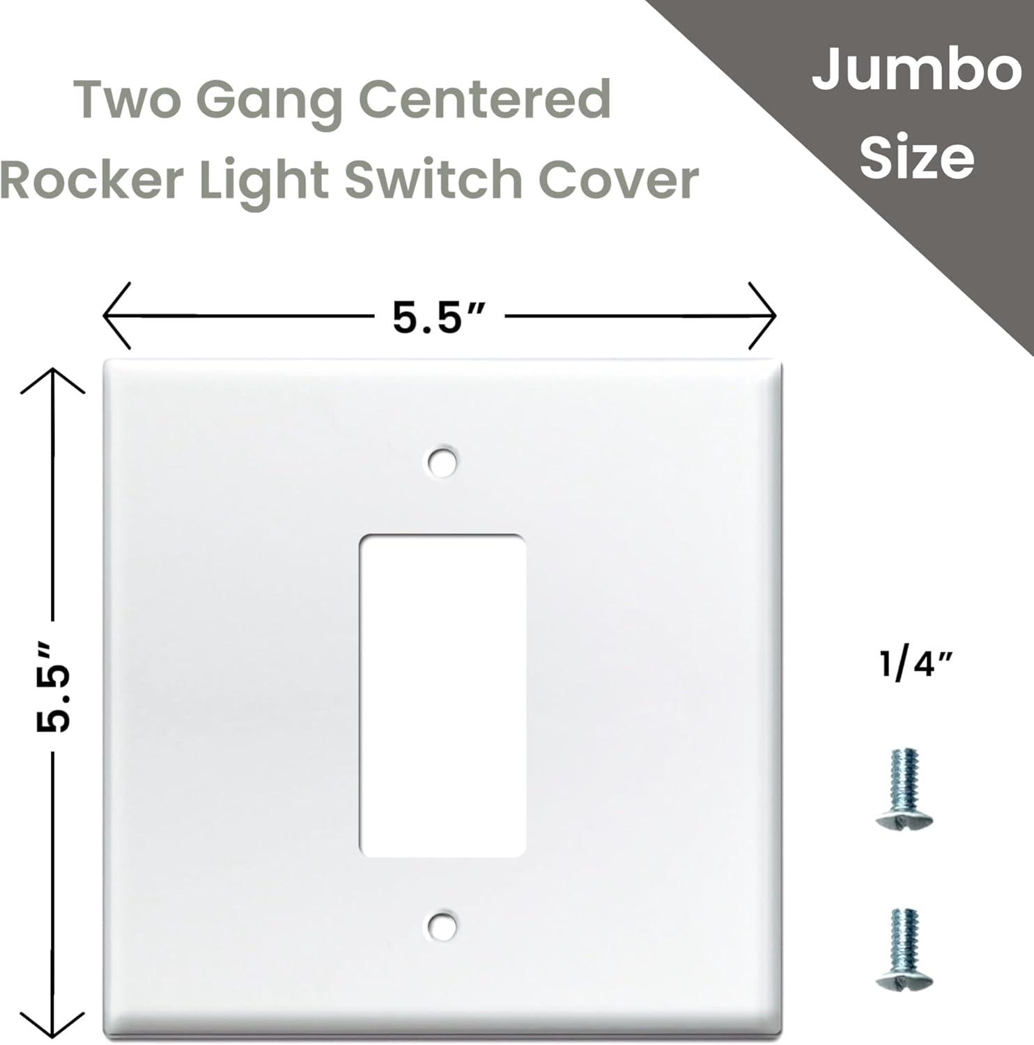 2 Gang Center Decora Metal Switch Plate 5.5” White Jumbo Size Smooth Wall 1 Outlet One Single Oversized Light Rocker Double Switch Cover