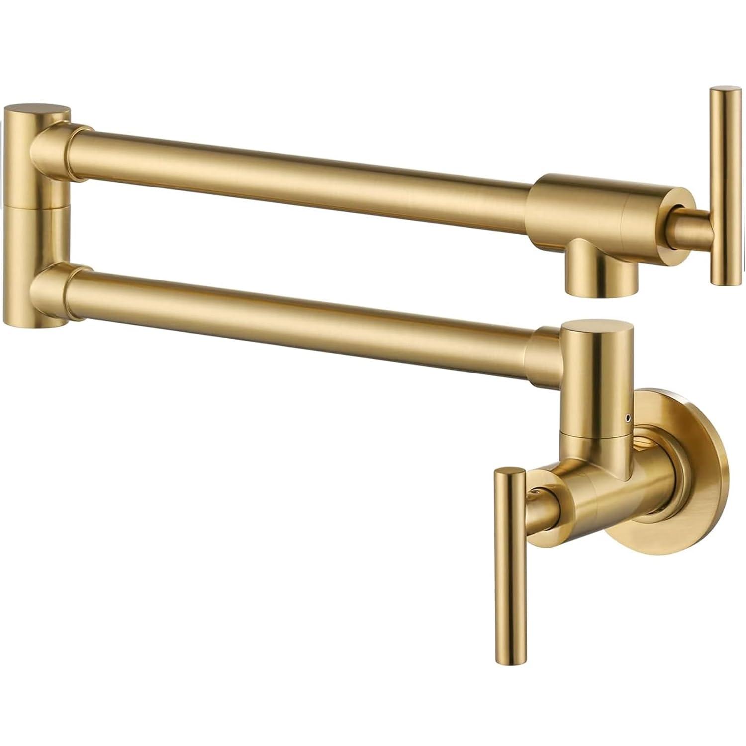 Pot Filler Faucet Wall Mount Kitchen Sink Faucet Stove Pot Filling Faucet with Double Joint Swing Arms Folding Faucet, Solid Brass Material, Lead-Free, Single Hole, Brushed Gold