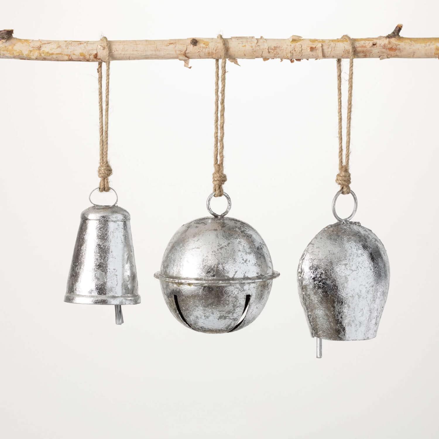 Christmas Decoration Ornaments Unique Silver Bells Rustic Hanging Christmas Bells for Party Decoration Set of 3