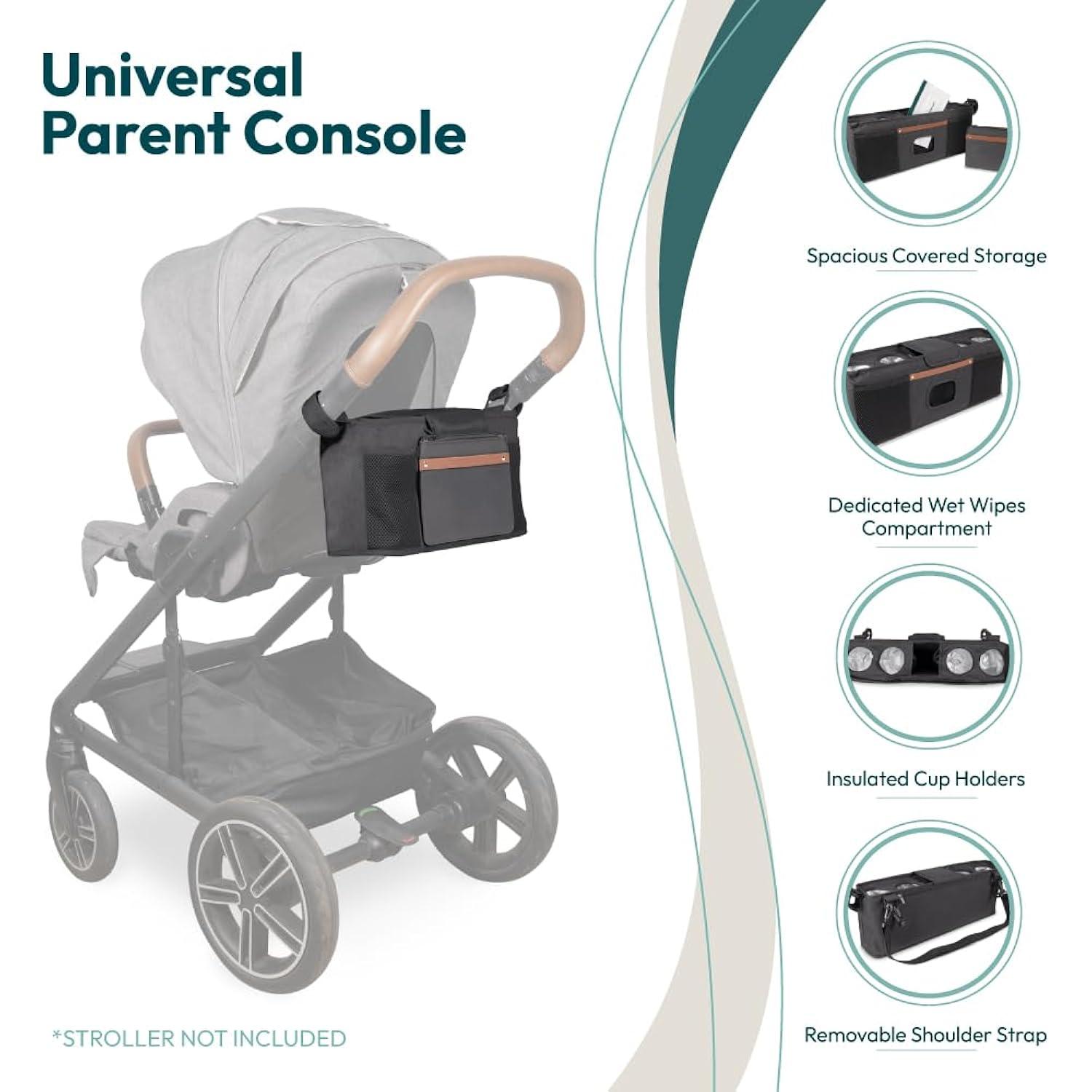 WONDERFOLD Universal Parent Console Stroller Organizer with Insulated Cup Holders, Hook & Loop Closure Handle Attachment, 2 Storage Pockets, Removable Shoulder Strap for Easy Transport