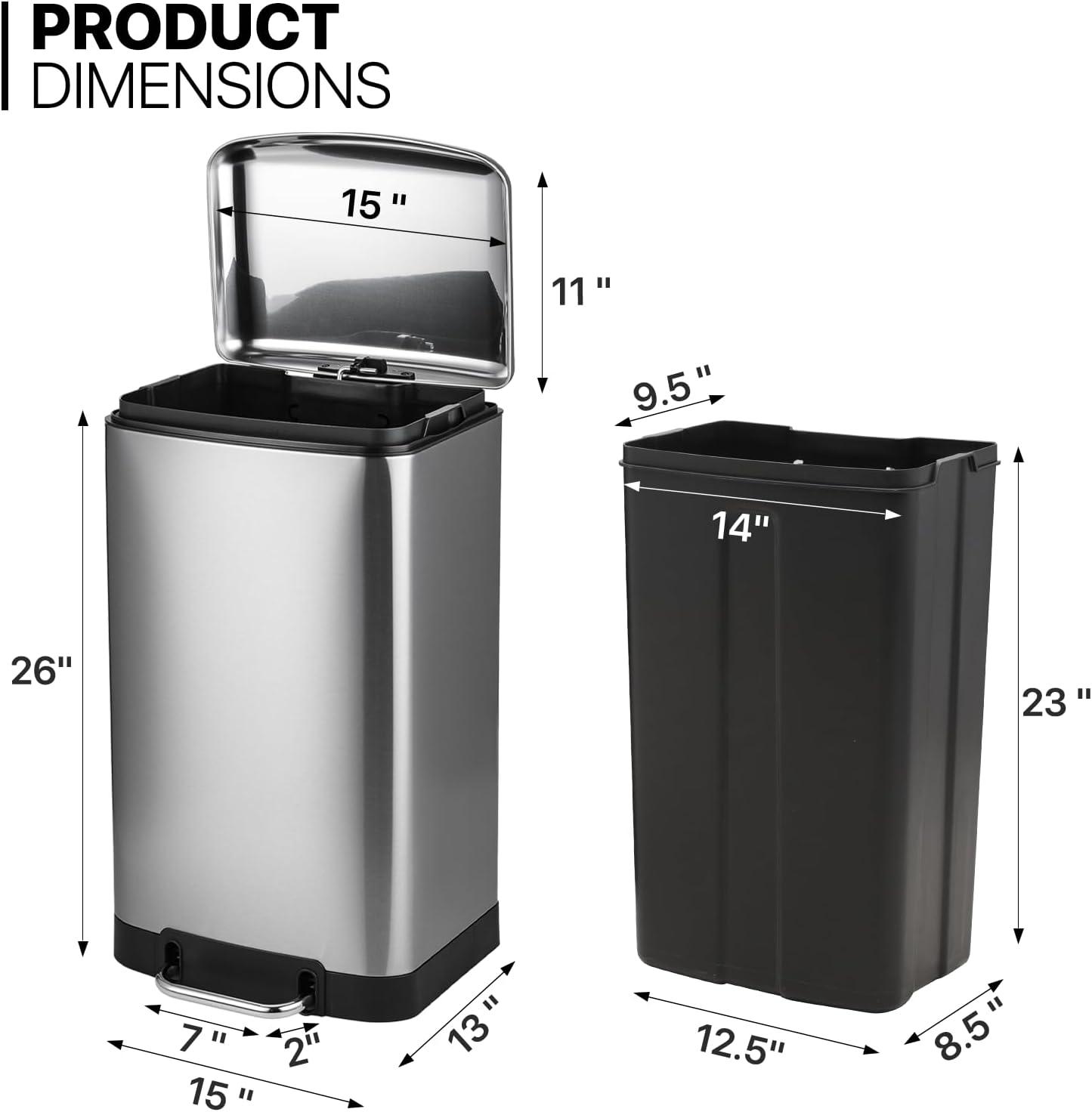 Silver 40L Stainless Steel Rectangular Step Trash Can