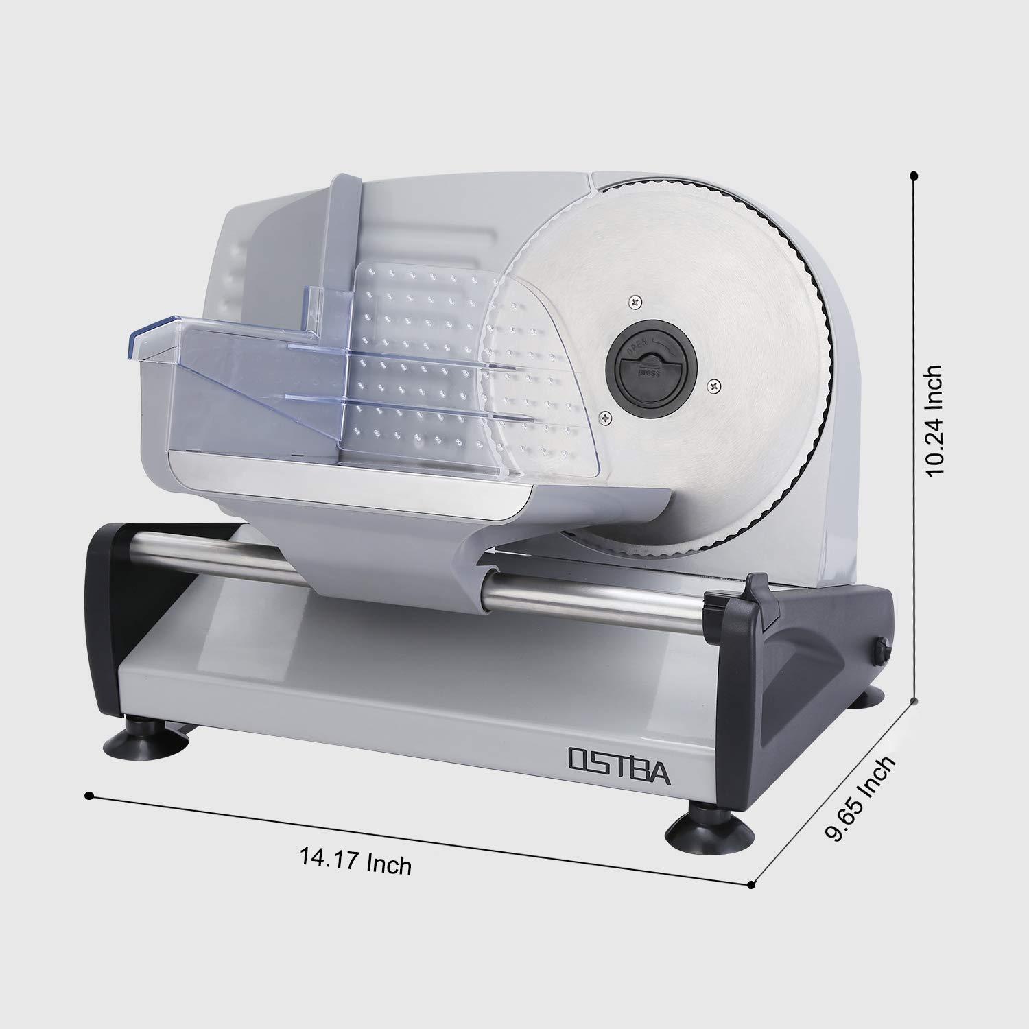 OSTBA Meat Slicer, Electric Deli Food Slicer with Removable Stainless Steel Blades, Adjustable Thickness Meat Slicer for Home Use, Easy to Clean, Ideal for Cold Cuts, Cheese, Bread, Fruit
