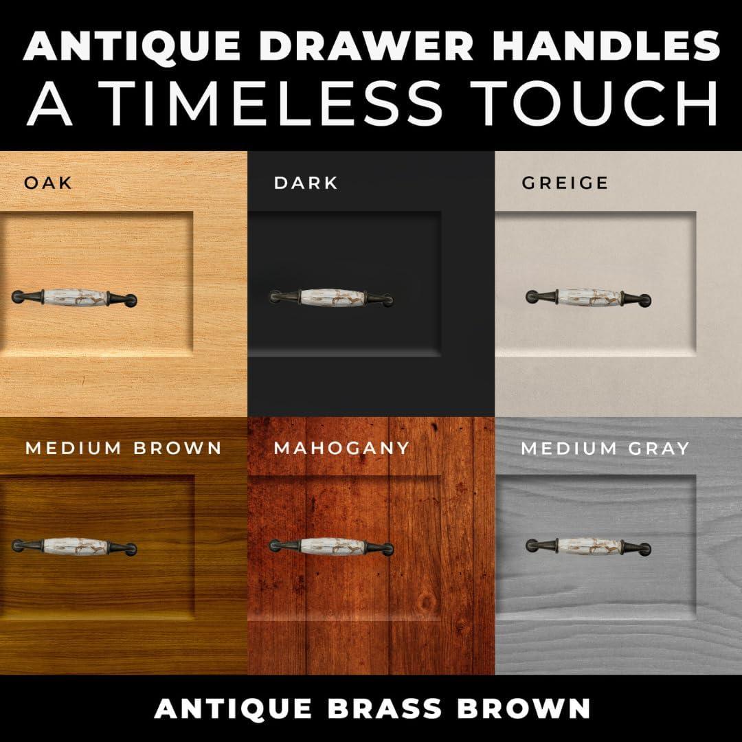 12 pcs Antique Brass Ceramic Pumpkin Cabinet Handles with Brown Marble Finish for Cabinets, Drawers, Dressers, Trays