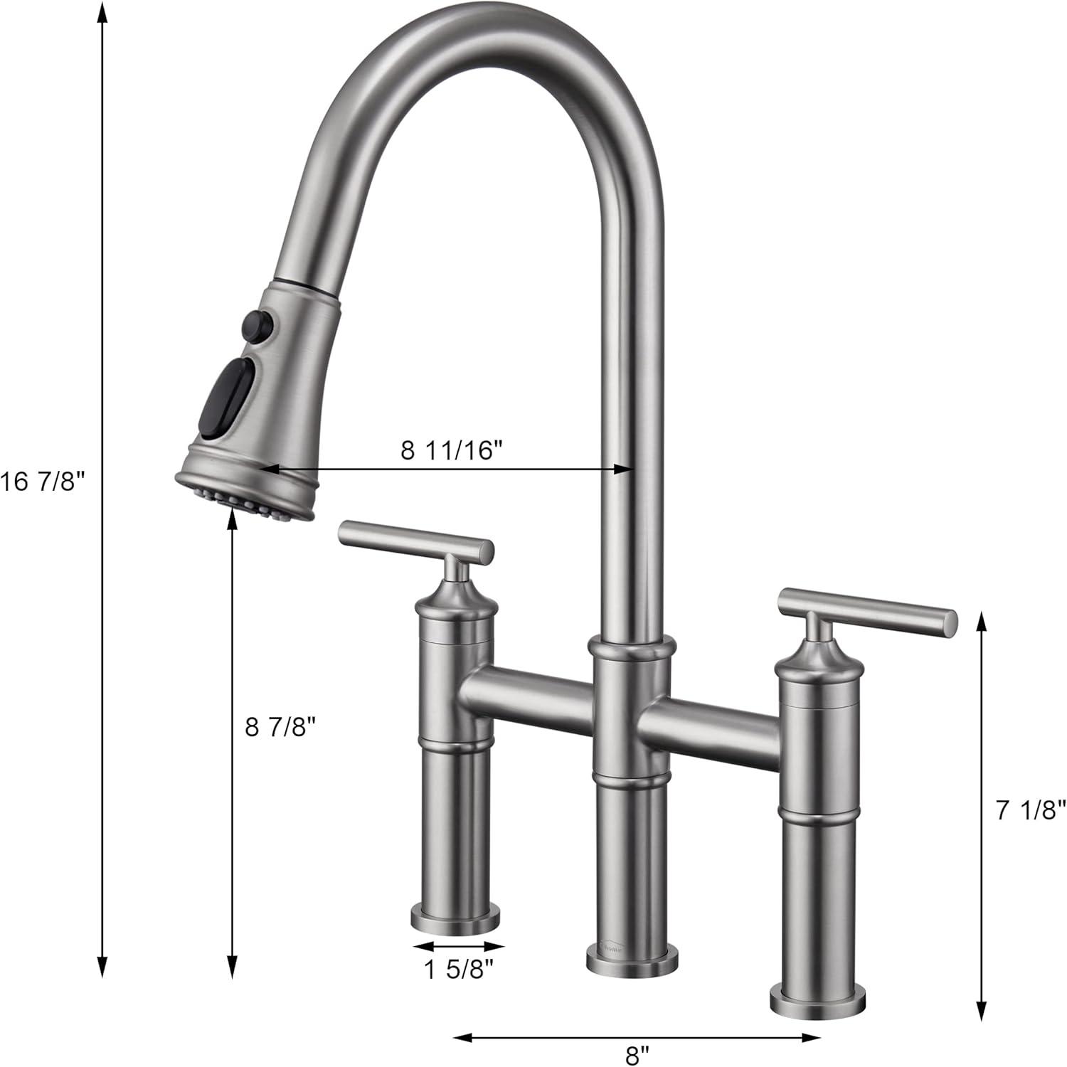 Brushed Nickel Double Handle Bridge Faucet with Pull-Down Sprayer