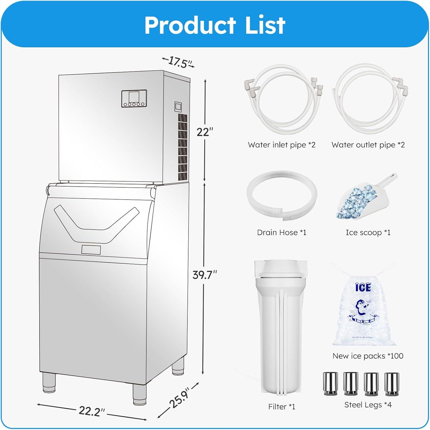 Commercial Ice Maker Machine, 550lb/24H Stainless Steel Ice Machine, 166lbs Ice Stora Capacity Freestanding Industrial Ice Maker