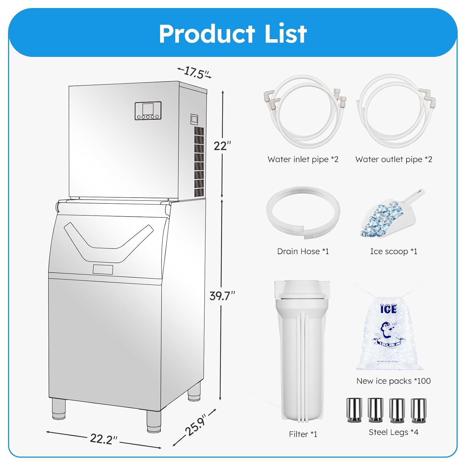 Commercial Ice Maker Machine, 550lb/24H Stainless Steel Ice Machine, 166lbs Ice Stora Capacity Freestanding Industrial Ice Maker