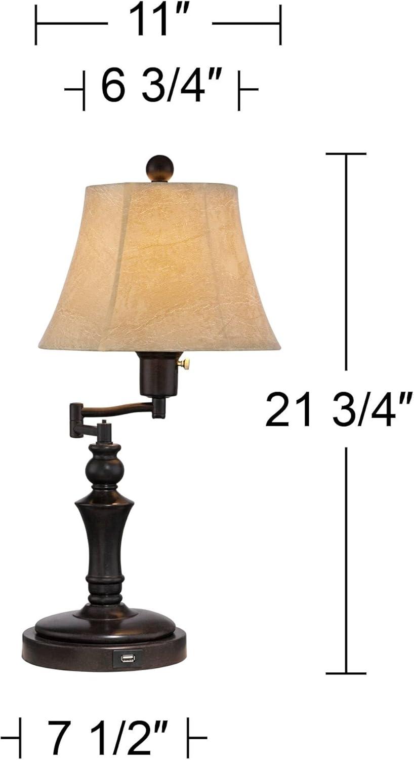 Regency Hill Traditional Desk Table Lamp Swing Arm with Hotel Style USB Charging Port 21.75" High Bronze Metal Faux Leather Bell Shade for Bedroom