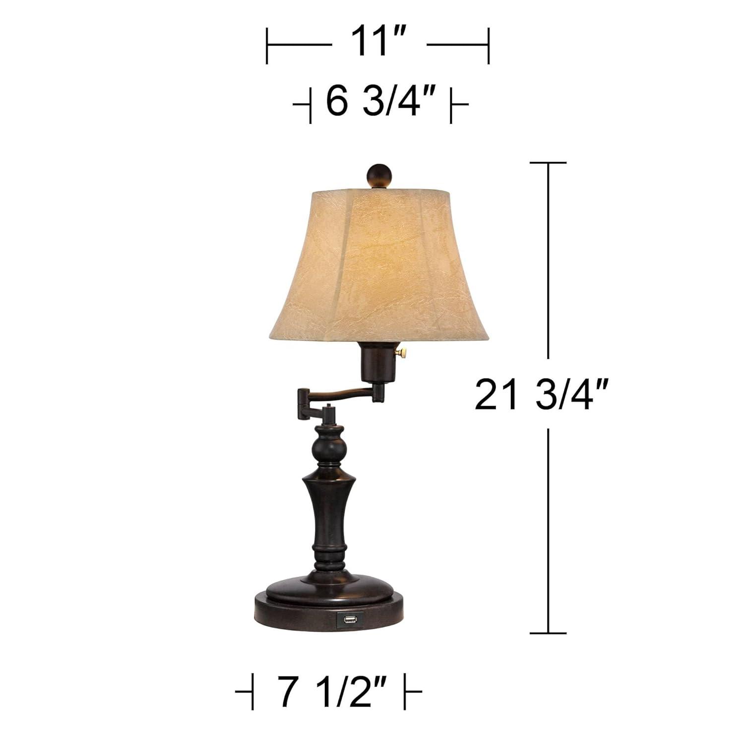 Regency Hill Traditional Desk Table Lamp Swing Arm with Hotel Style USB Charging Port 21.75" High Bronze Metal Faux Leather Bell Shade for Bedroom
