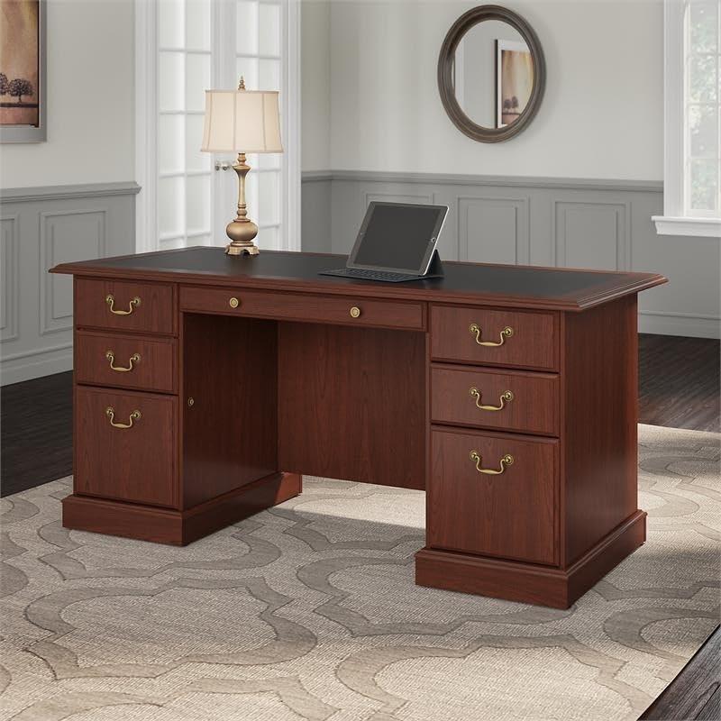 Cherrywood Executive Desk with Black Insert and Brass Accents