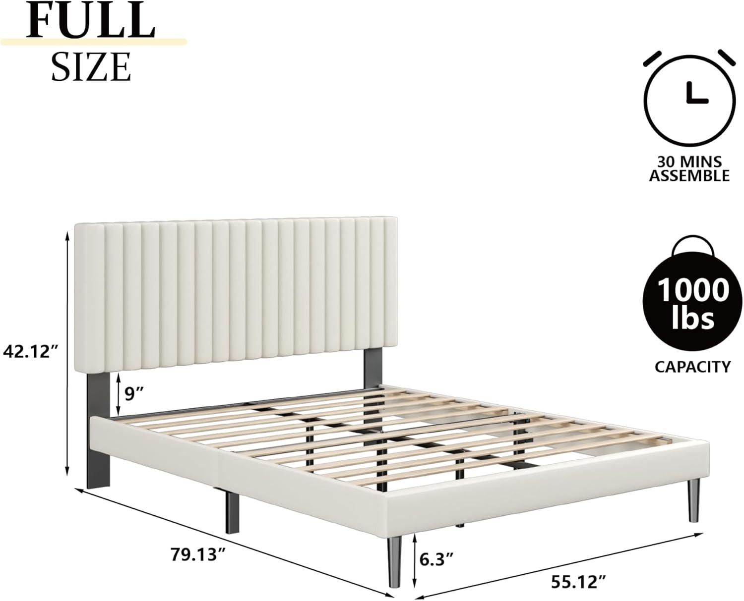 Full Bed Frame with Velvet Upholstered Headboard and Solid Wood Slats, Box Spring Optional, Mattress Base, Easy to Assemble, Beige
