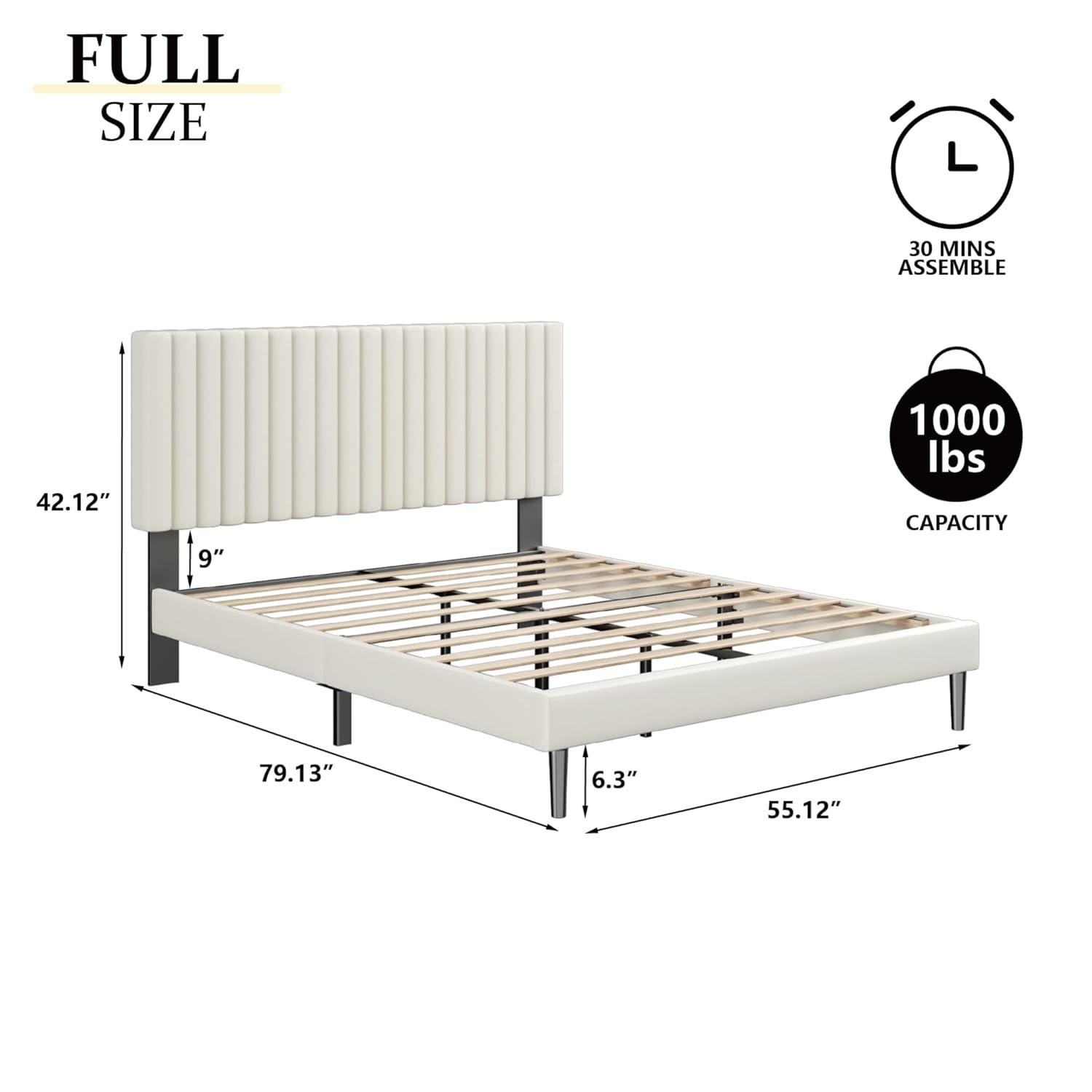 Full Bed Frame with Velvet Upholstered Headboard and Solid Wood Slats, Box Spring Optional, Mattress Base, Easy to Assemble, Beige