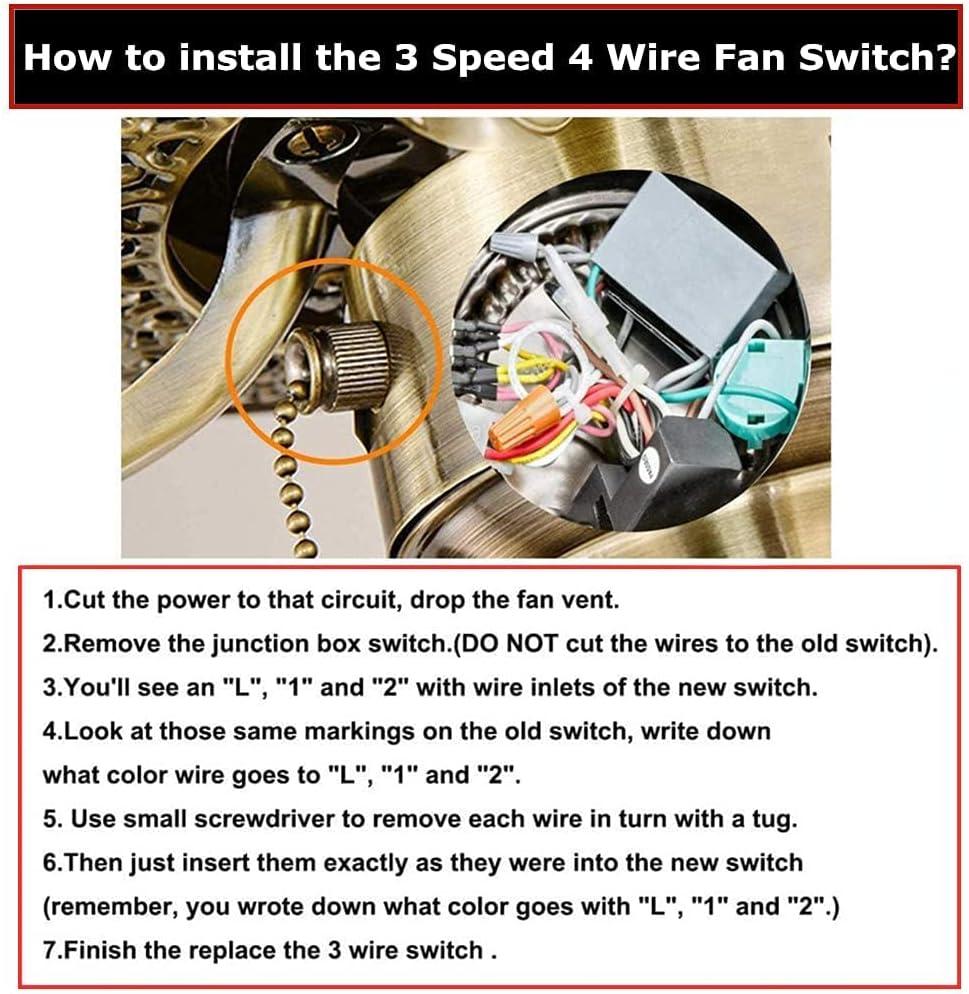 Ceiling Fan Switch 3 Speed 4 Wire ZE-268S6 ZING EAR Wall light Rotary Pull Chain Cord Switch Control Replacement Speed Control 4 Wire Switch for Ceiling Fans Nickel