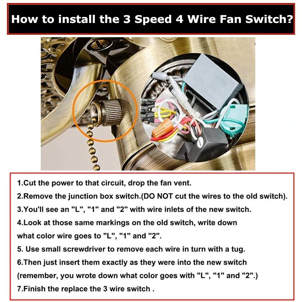 Ceiling Fan Switch 3 Speed 4 Wire ZE-268S6 ZING EAR Wall light Rotary Pull Chain Cord Switch Control Replacement Speed Control 4 Wire Switch for Ceiling Fans Nickel