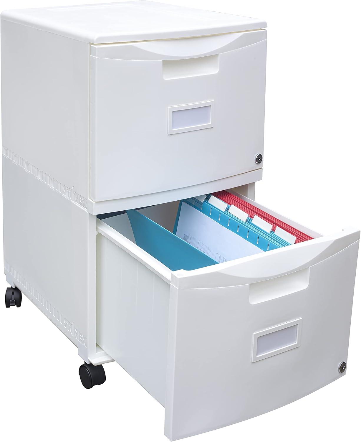 Storex Plastic 14-3/4"W x 18-1/4"D Lateral Mobile File Cabinet, 2-Drawer, White