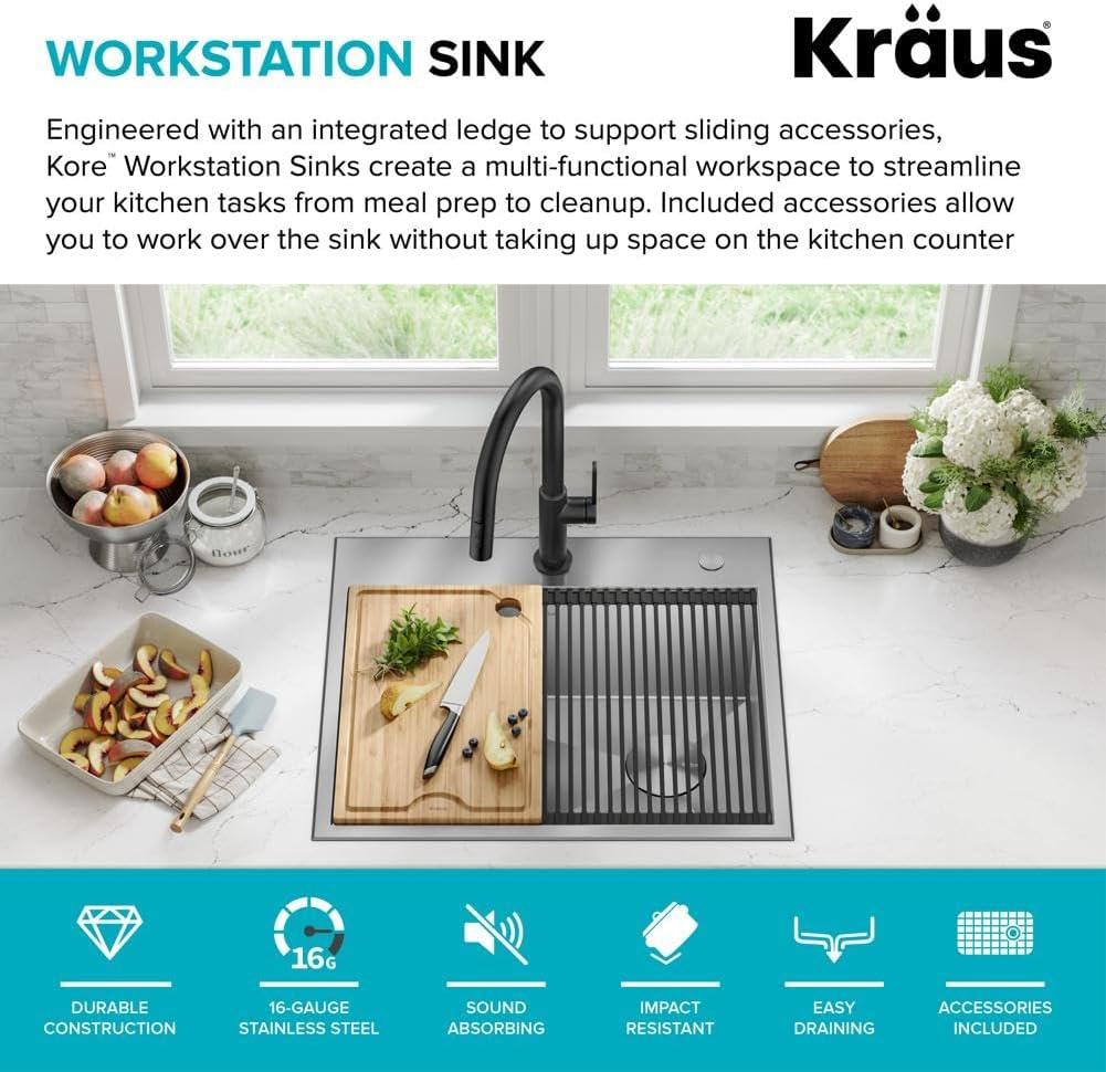 Kraus KWT311-25 KRAUS Kore™ Workstation 25-inch L Drop-In 16 Gauge Single Bowl Stainless Steel Kitchen Sink with Accessories