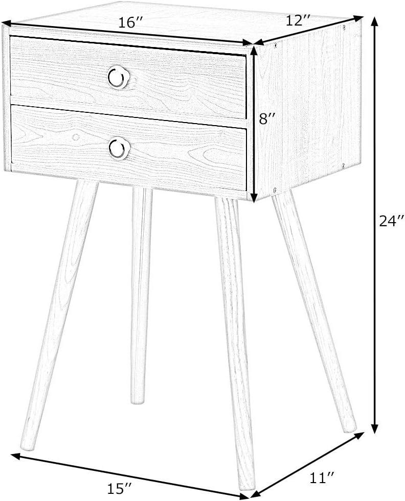 Mid Century Modern Natural 2-Drawer Nightstand with Solid Wood Legs